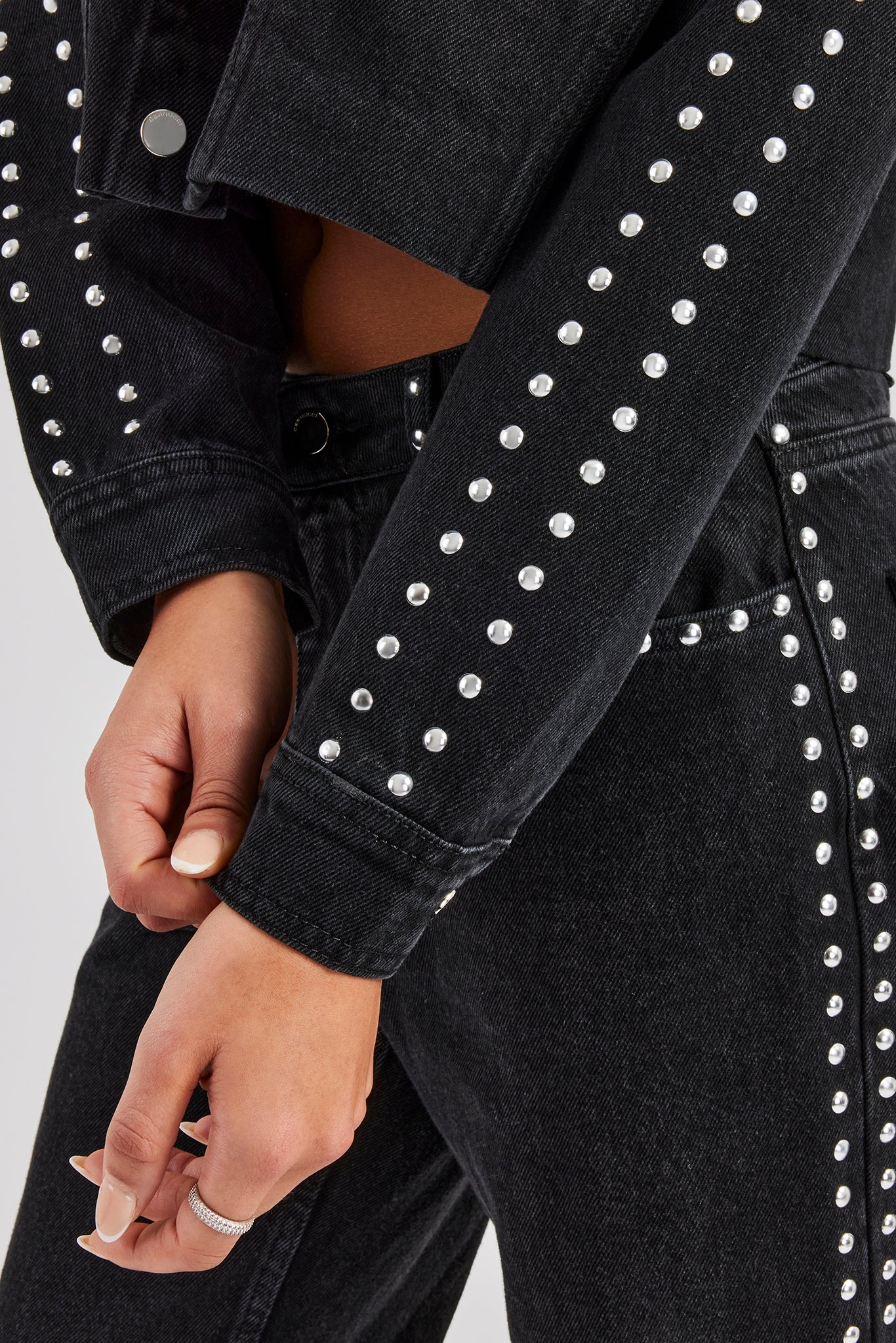 Stud Cropped Denim Jacket & Flare Jean - Washed Black - Image 4