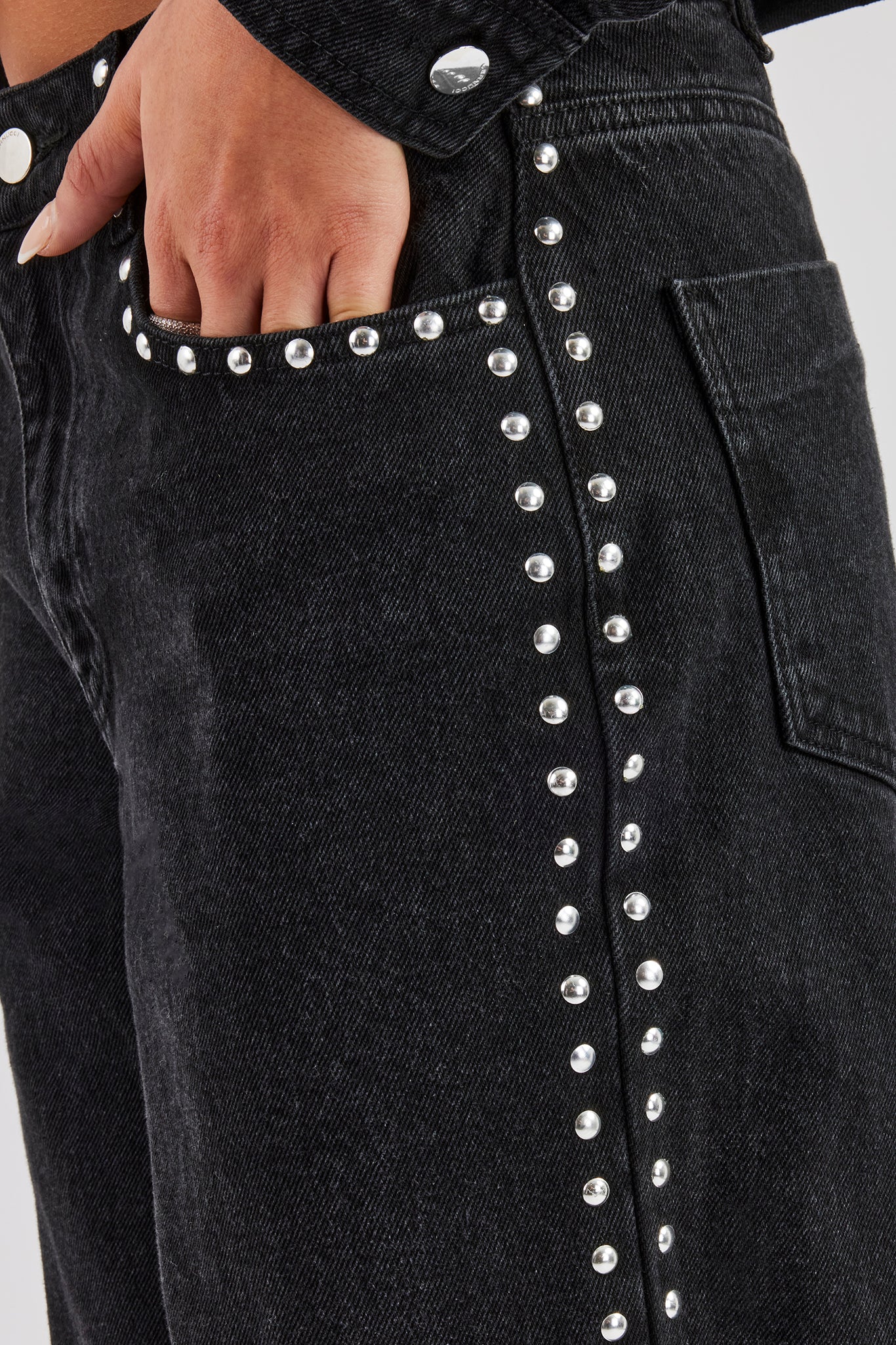 Stud Cropped Denim Jacket & Flare Jean - Washed Black - Image 5
