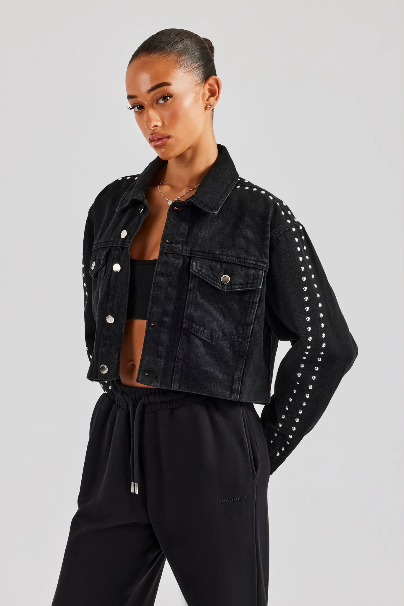 Stud Cropped Denim Jacket - Washed Black - Image 2