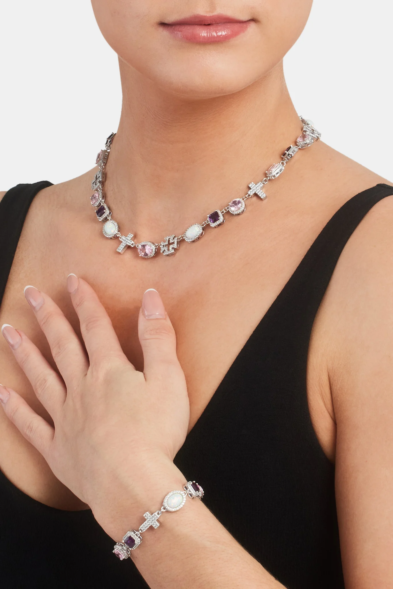 Pink Gemstone & Cross Motif Bracelet - White - Image 3