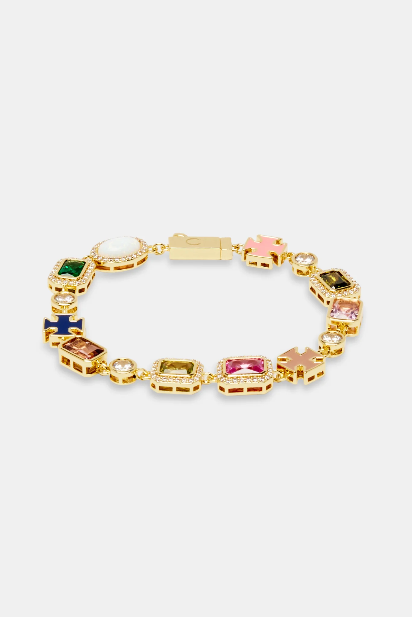 Multi Gemstone Motif Bracelet - Gold Pink & Green - 10mm - Image 2