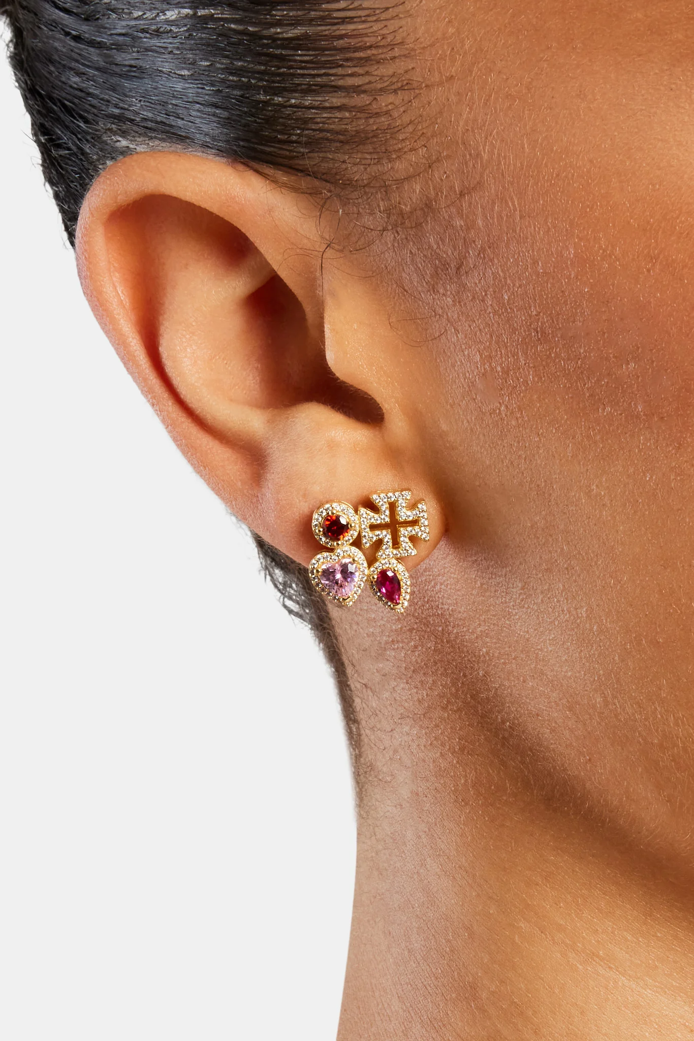 Pink Multi Gem Stud Earrings - Gold - Image 2