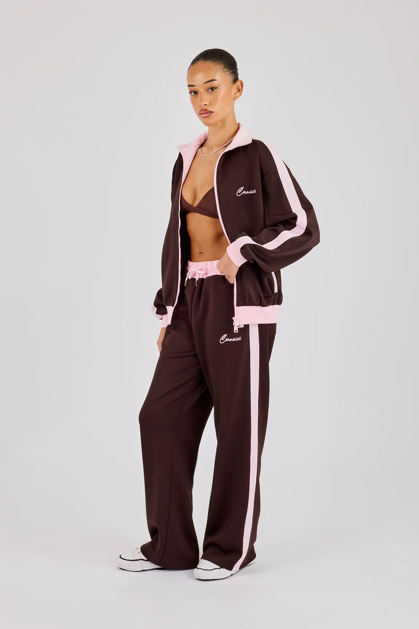 Pink Rib Contrast Track Pant - Chocolate - Image 4