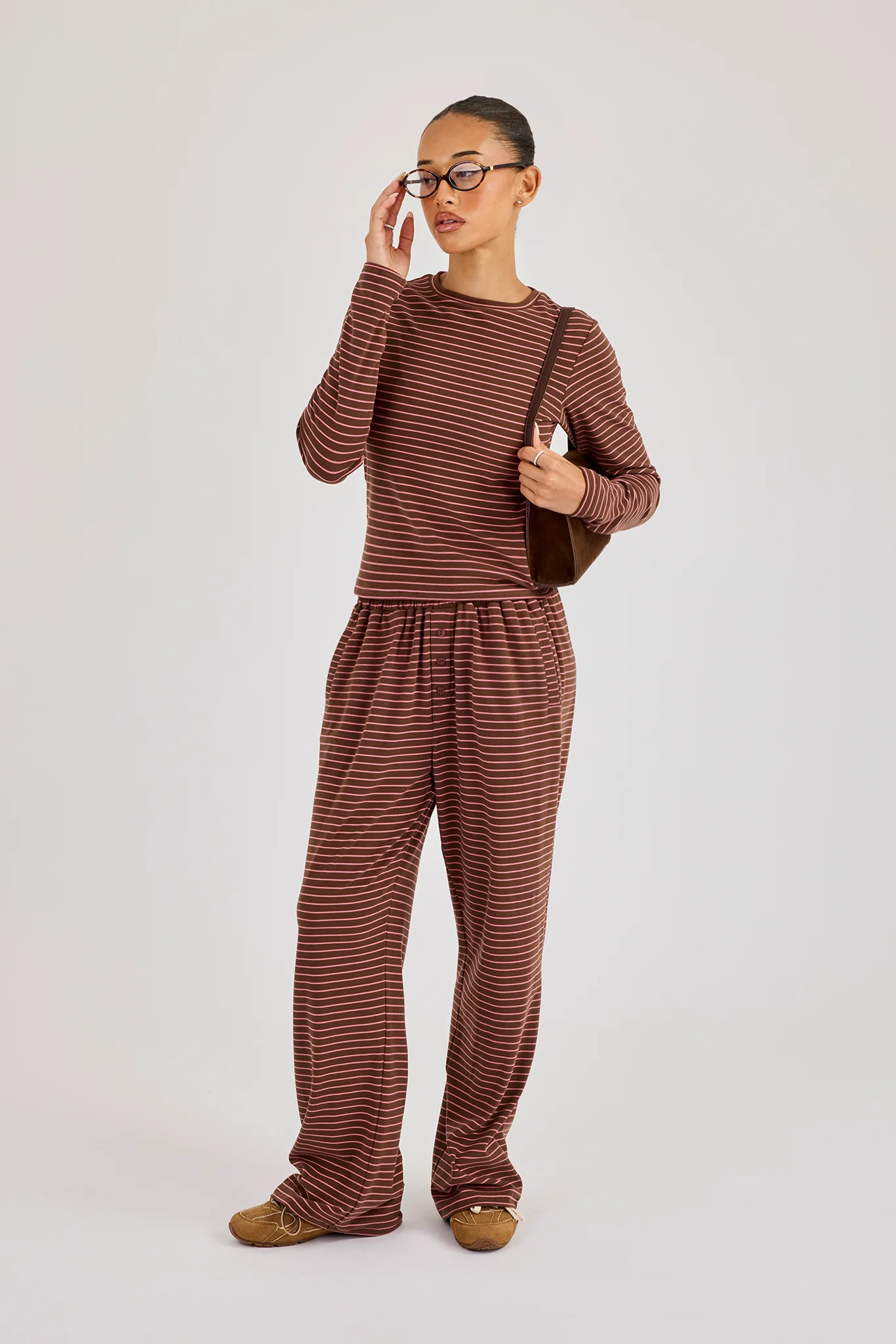 Pink Stripe Soft Touch Long Sleeve Top & Button Detail Wide Leg Jogger - Chocolate - Image 3