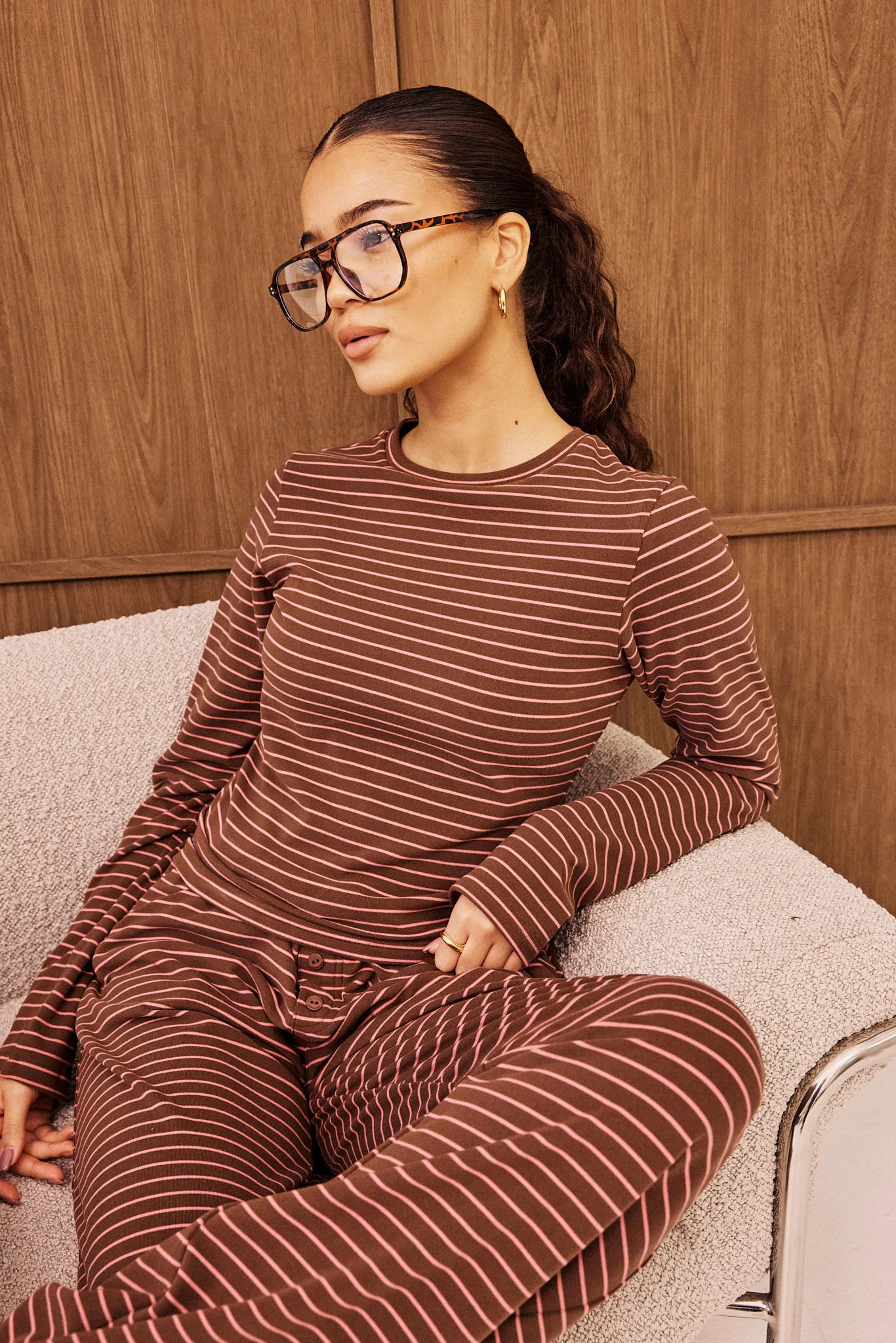 Pink Stripe Soft Touch Long Sleeve Top - Chocolate - Image 2