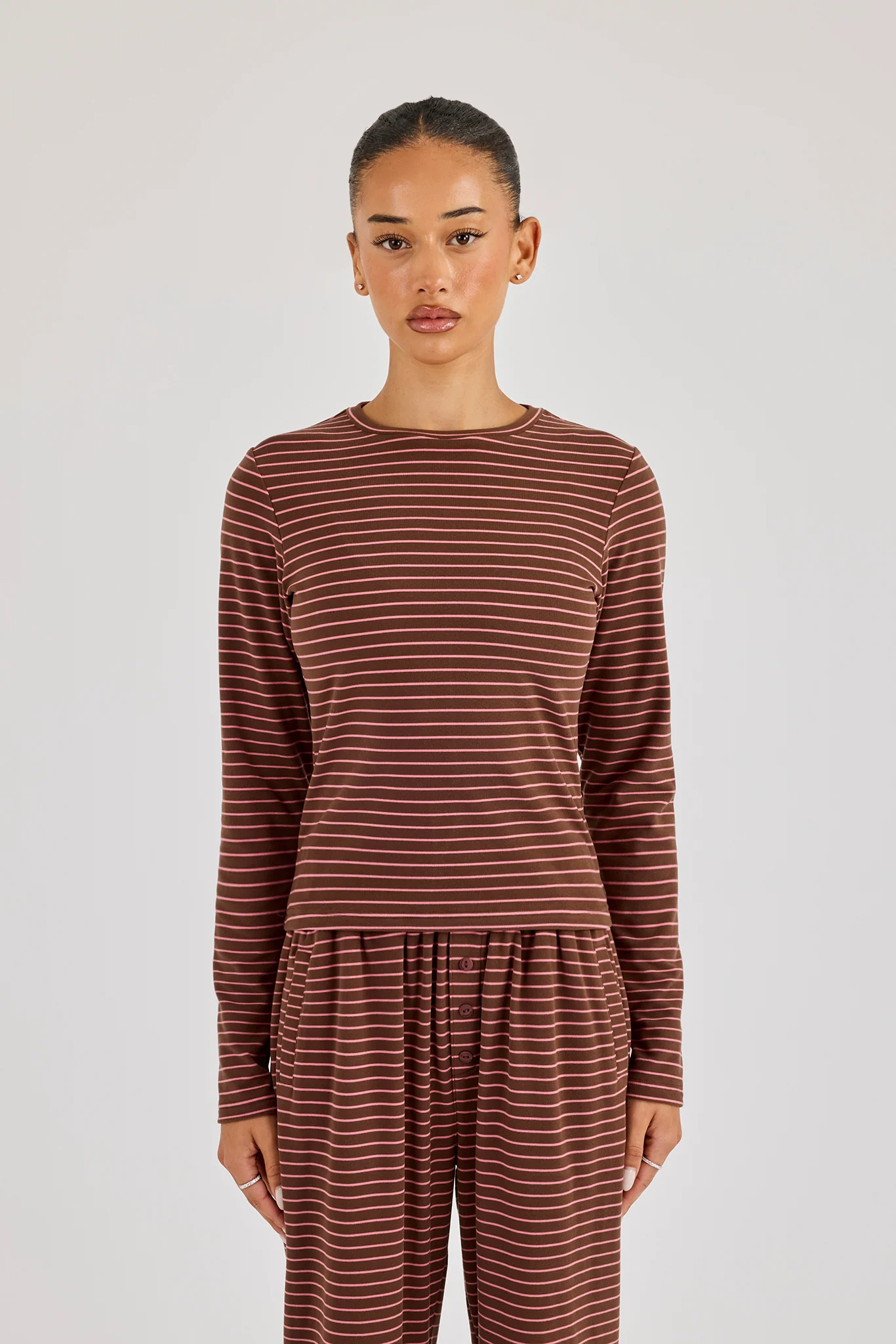 Pink Stripe Soft Touch Long Sleeve Top - Chocolate - Image 4