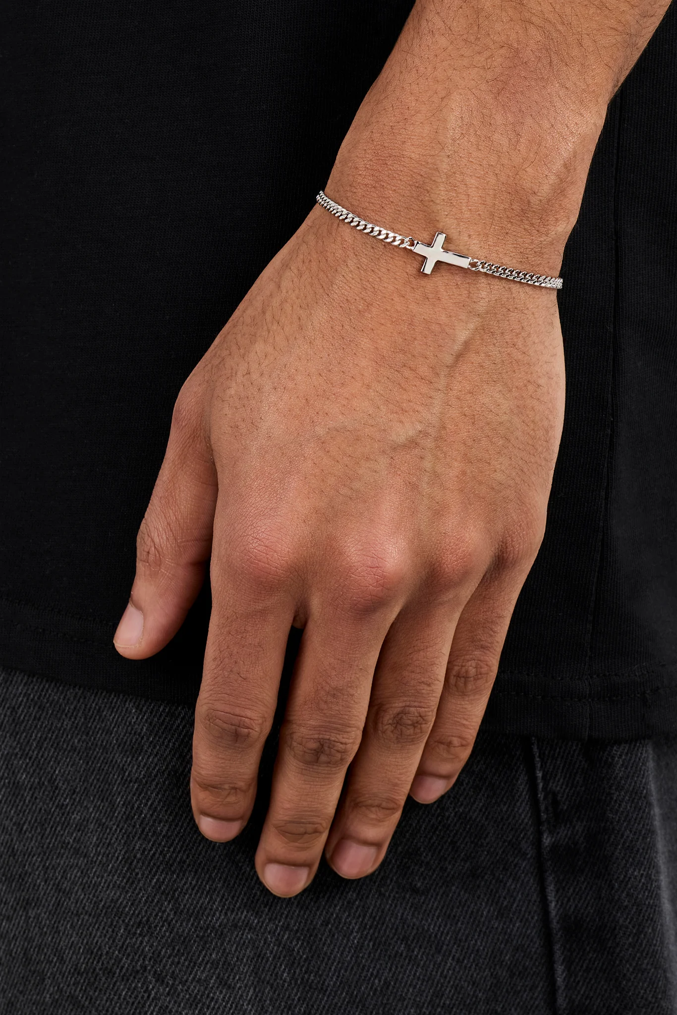 Polished Drop Cross Cuban Bracelet - 5mm - Image 2