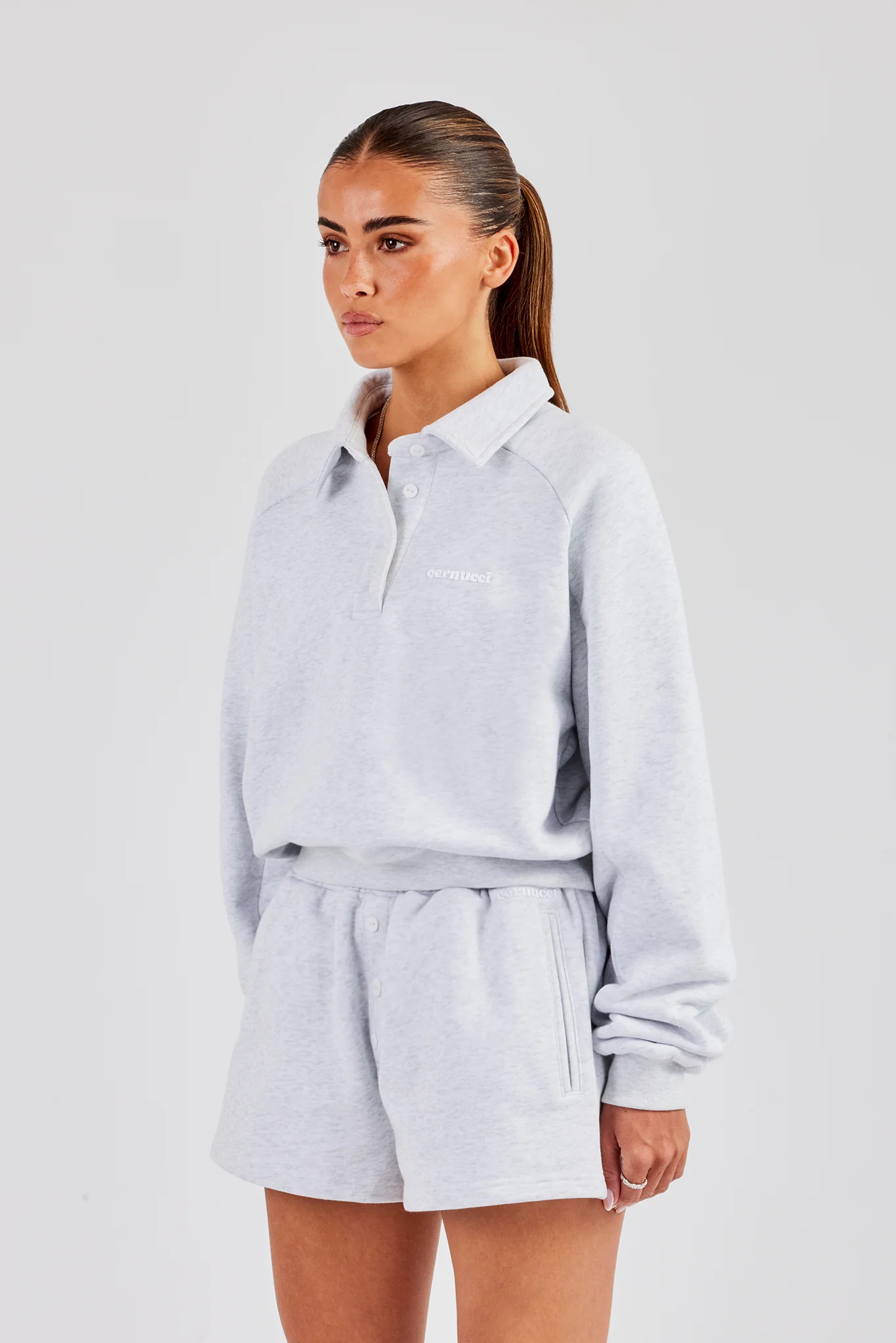 Polo Sweatshirt & Button Detail Short - Heather Grey