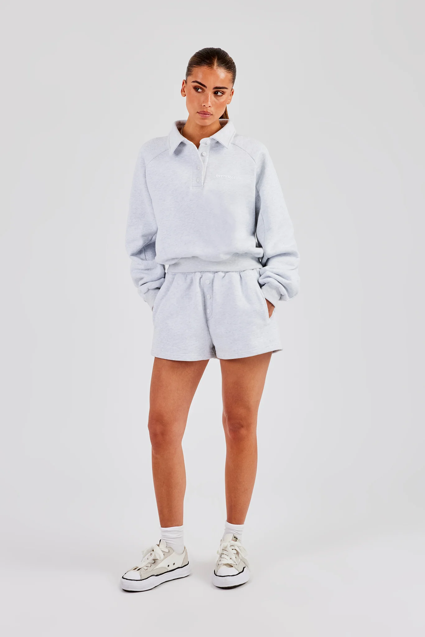 Polo Sweatshirt & Button Detail Short - Heather Grey - Image 4