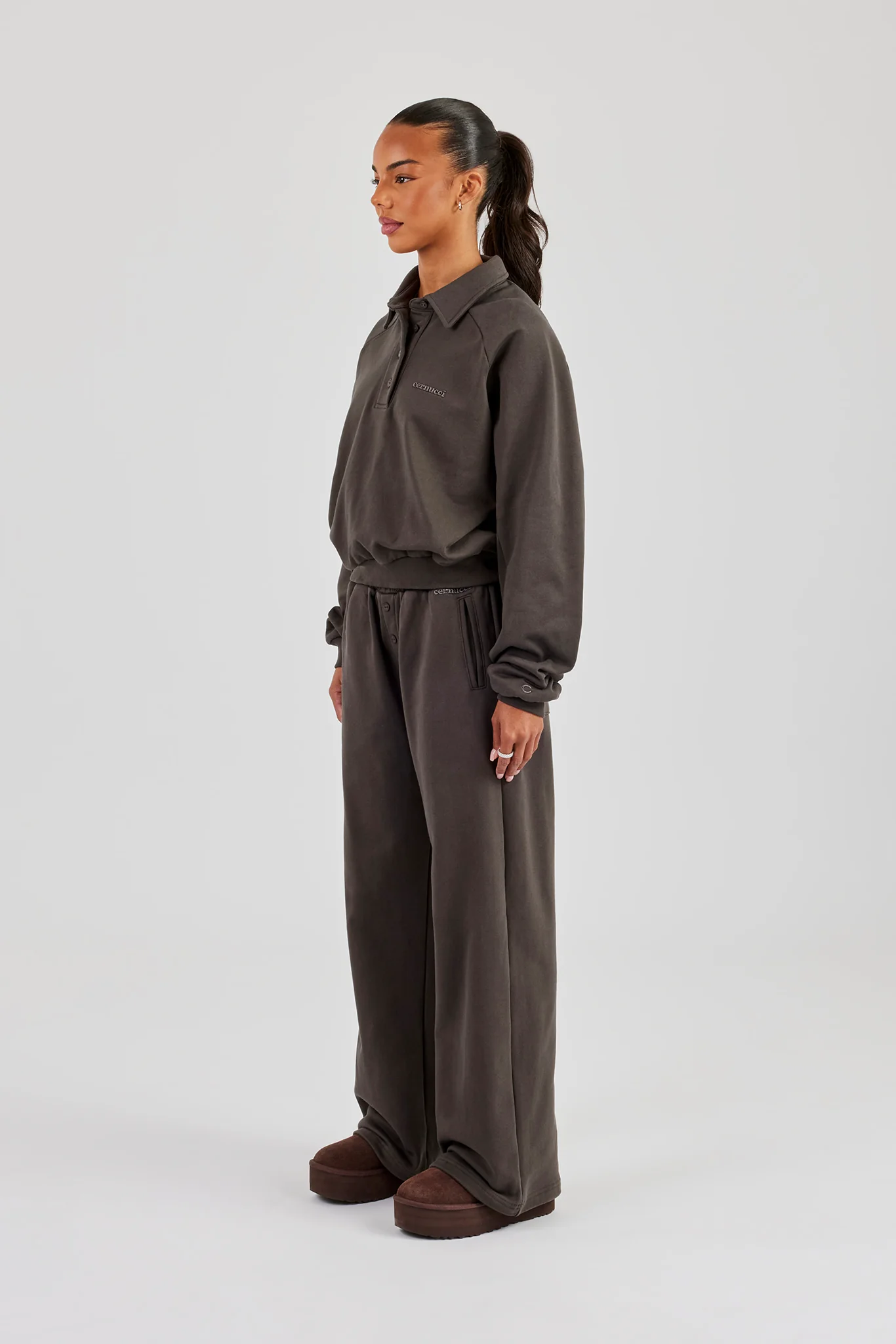 Polo Sweatshirt & Wide Leg Jogger - Coffee - Image 2