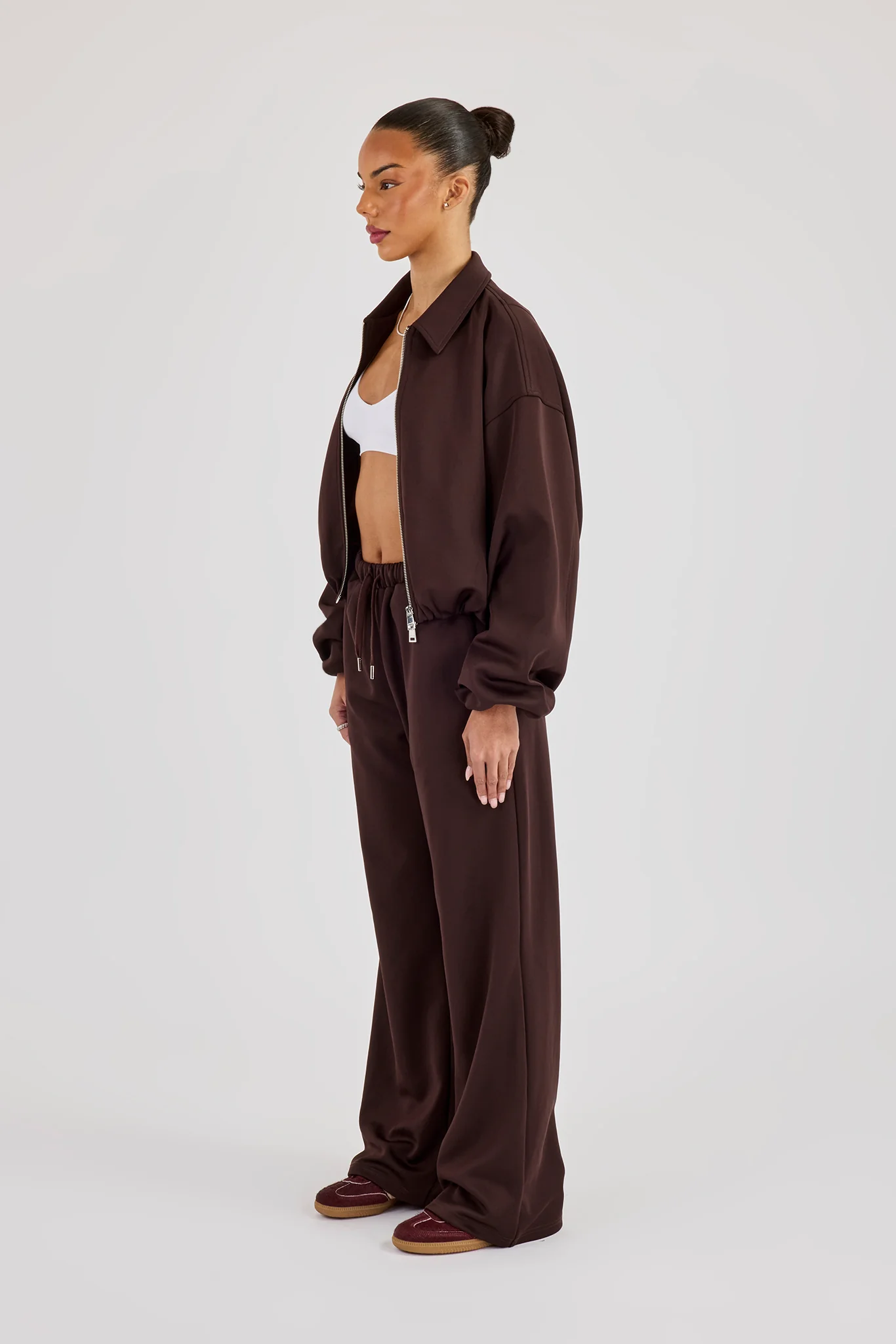 Poly Collared Bomber Jacket & Wide Leg Trouser - Chocolate - Image 3