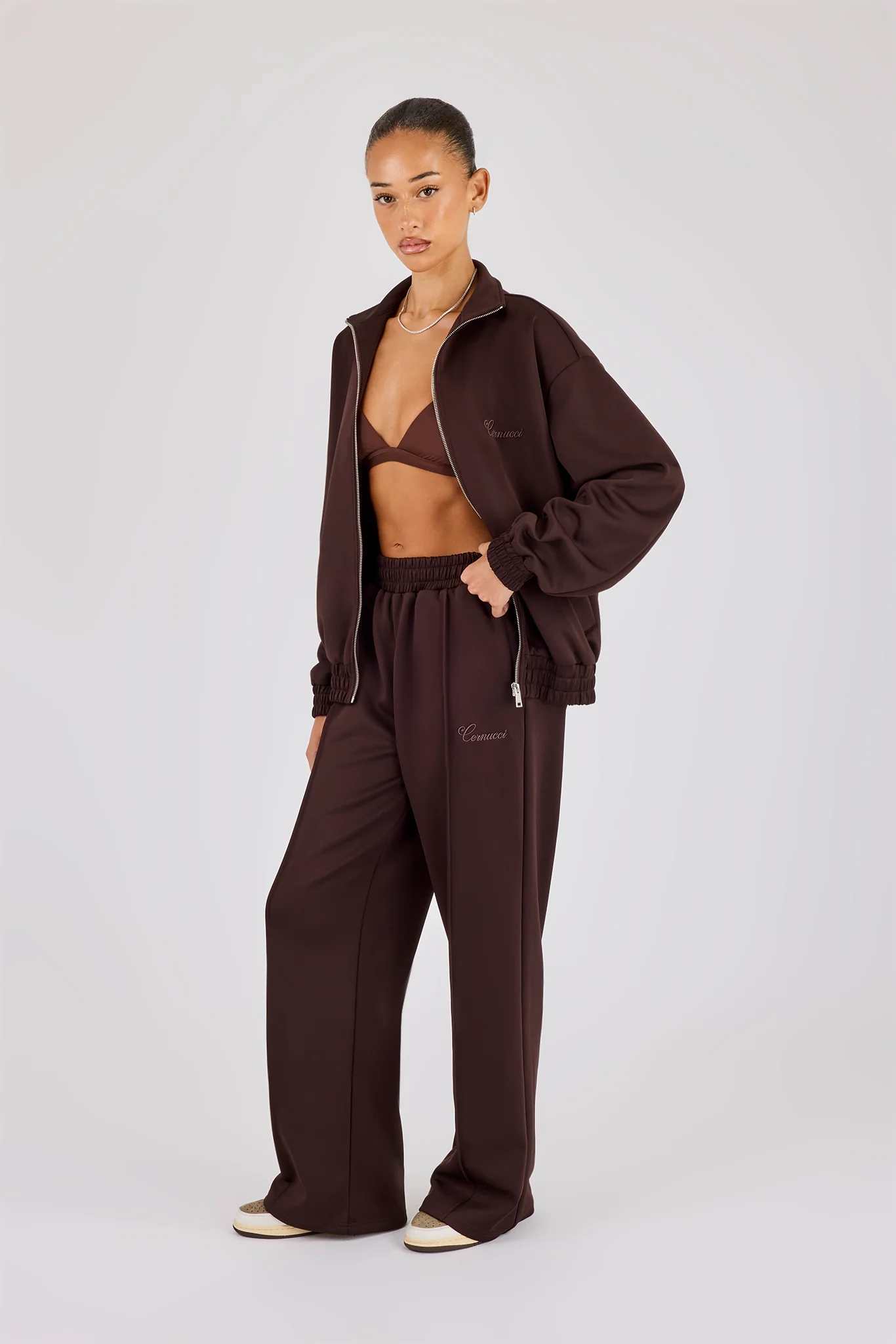 Poly Embroidered Track Jacket & Wide Leg Jogger - Brown - Image 3