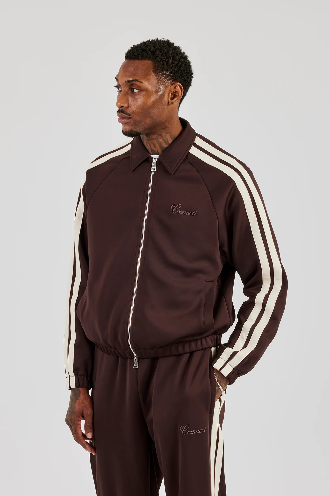 Poly Track Jacket With Side Stripes - Coffee - Image 2