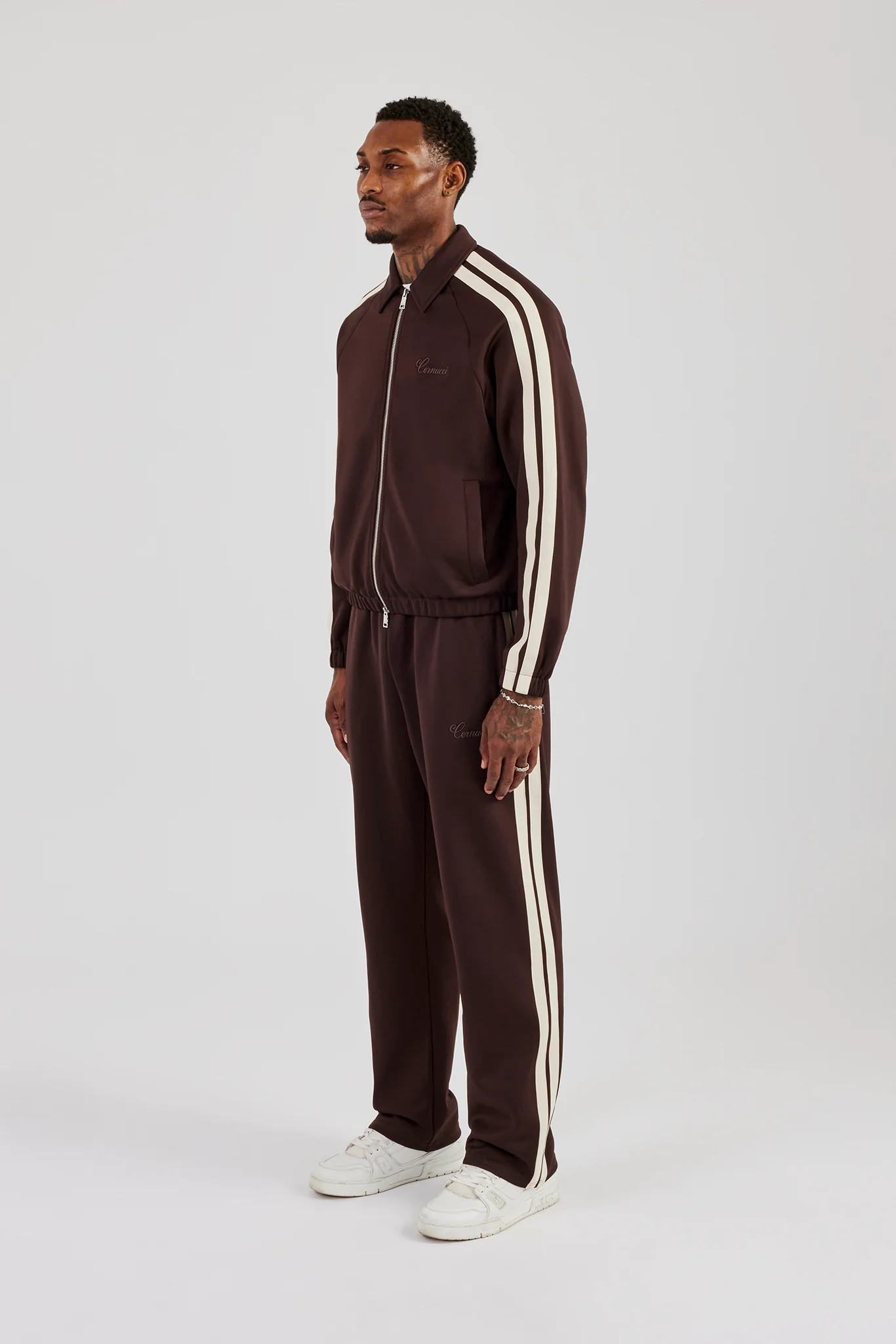 Poly Track Jacket With Side Stripes & Trouser  - Coffee - Image 3
