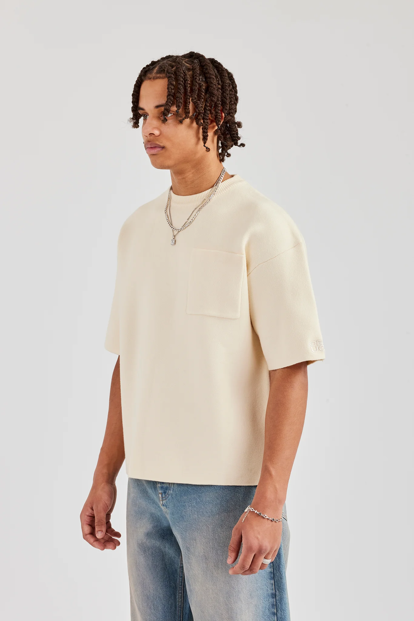 Premium Knitted Short Sleeve Boxy T-Shirt - Off White - Image 2