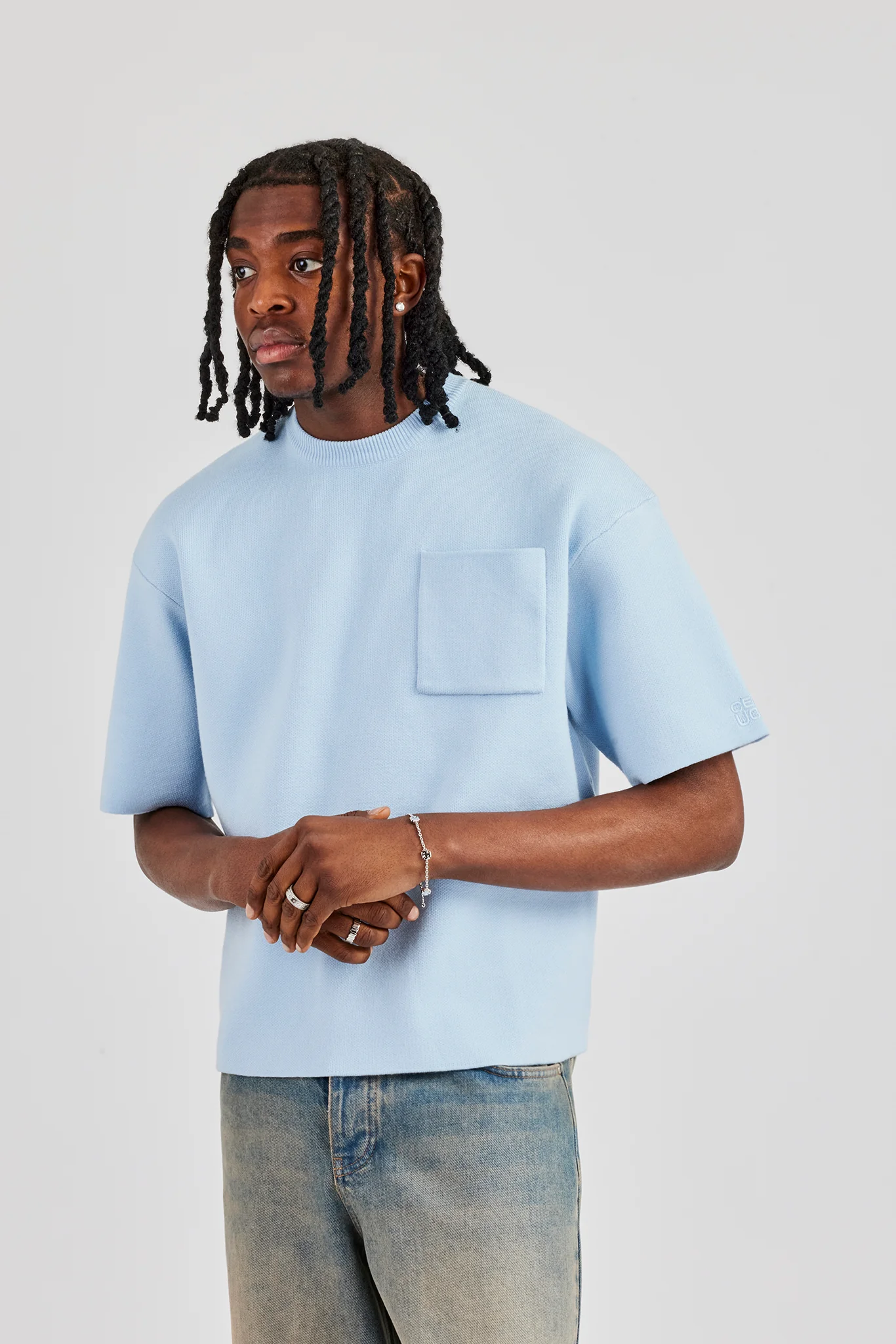 Premium Knitted Short Sleeve Boxy T-Shirt - Powder Blue - Image 4