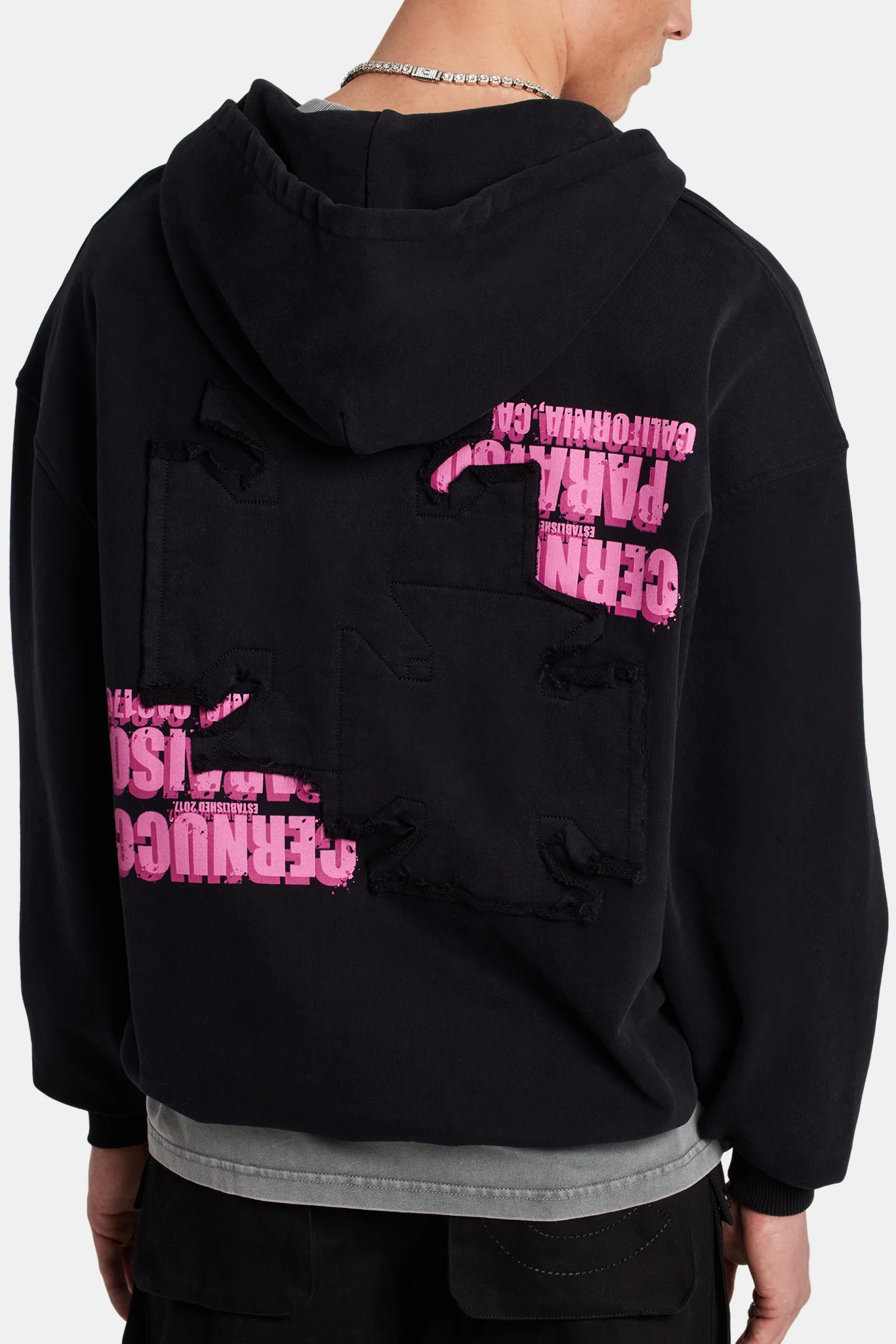 Printed Applique Zip Hoodie - Black - Image 2
