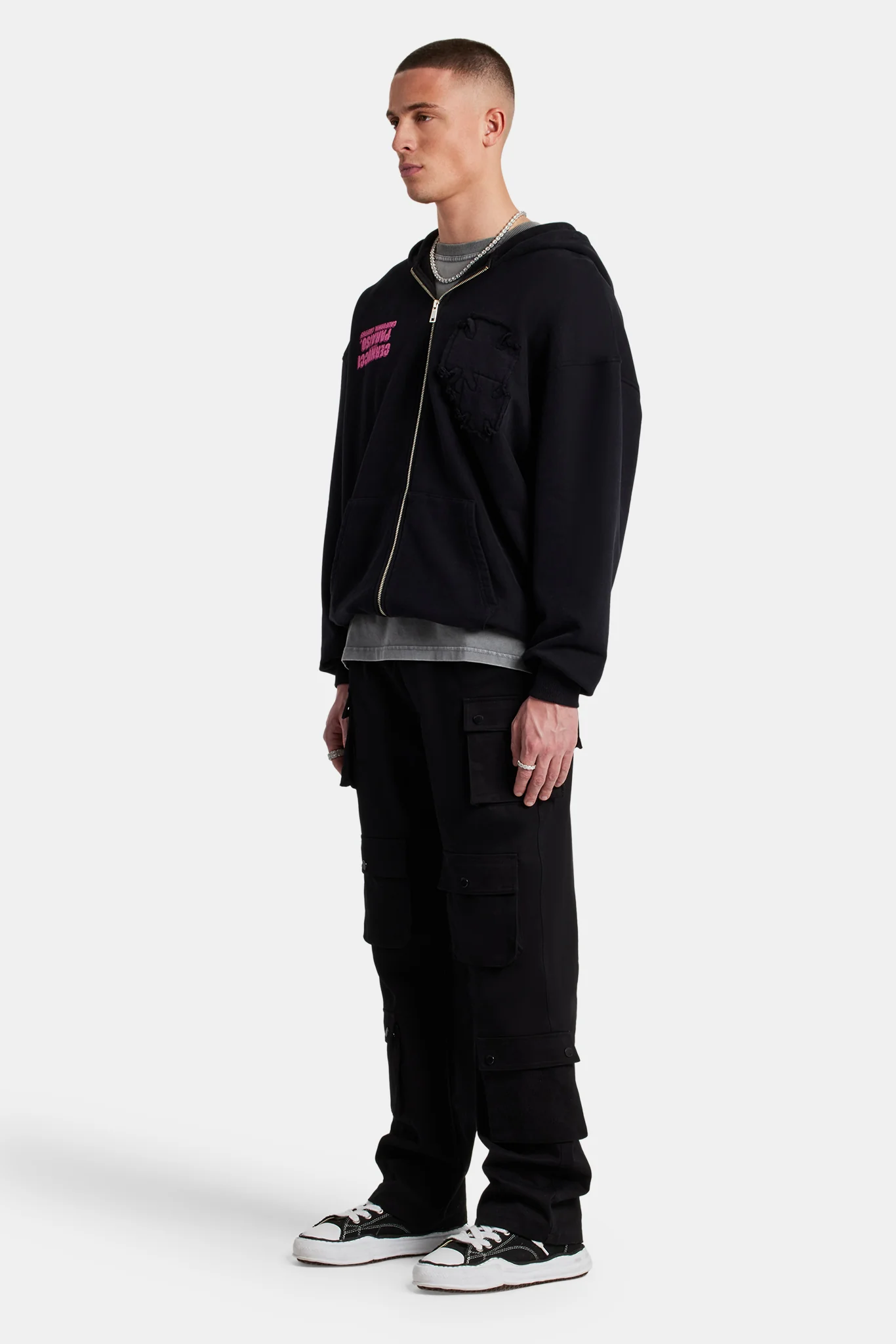 Printed Applique Zip Hoodie - Black - Image 6