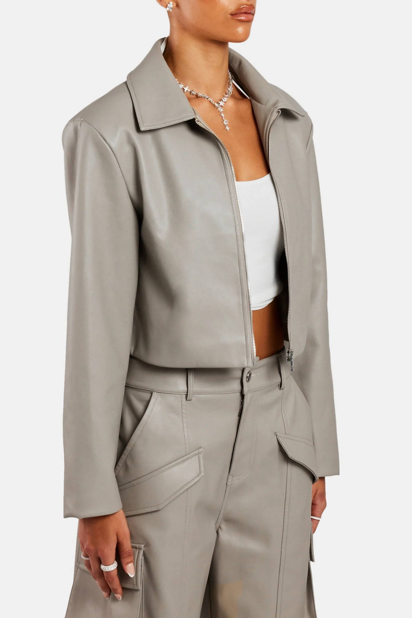 PU Cropped Jacket With Shoulder Pads - Beige - Image 3