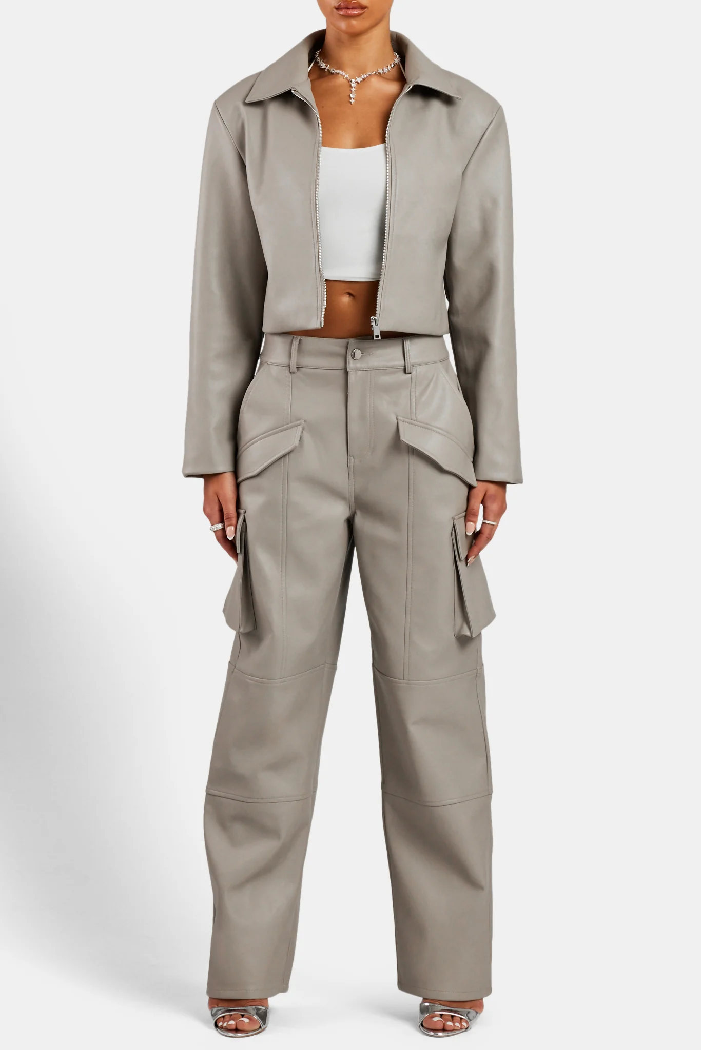 PU Cropped Jacket With Shoulder Pads - Beige - Image 4