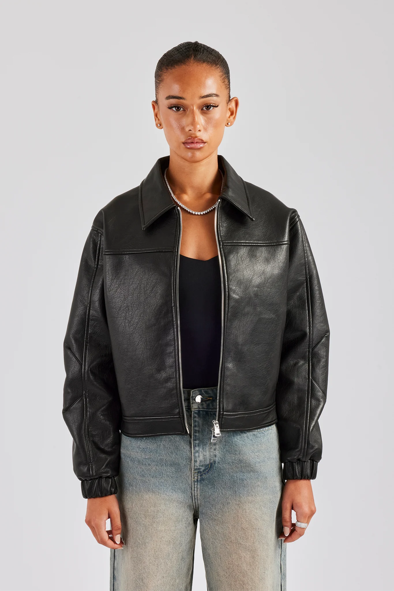 PU Embroidered Harrington Jacket - Black - Image 2