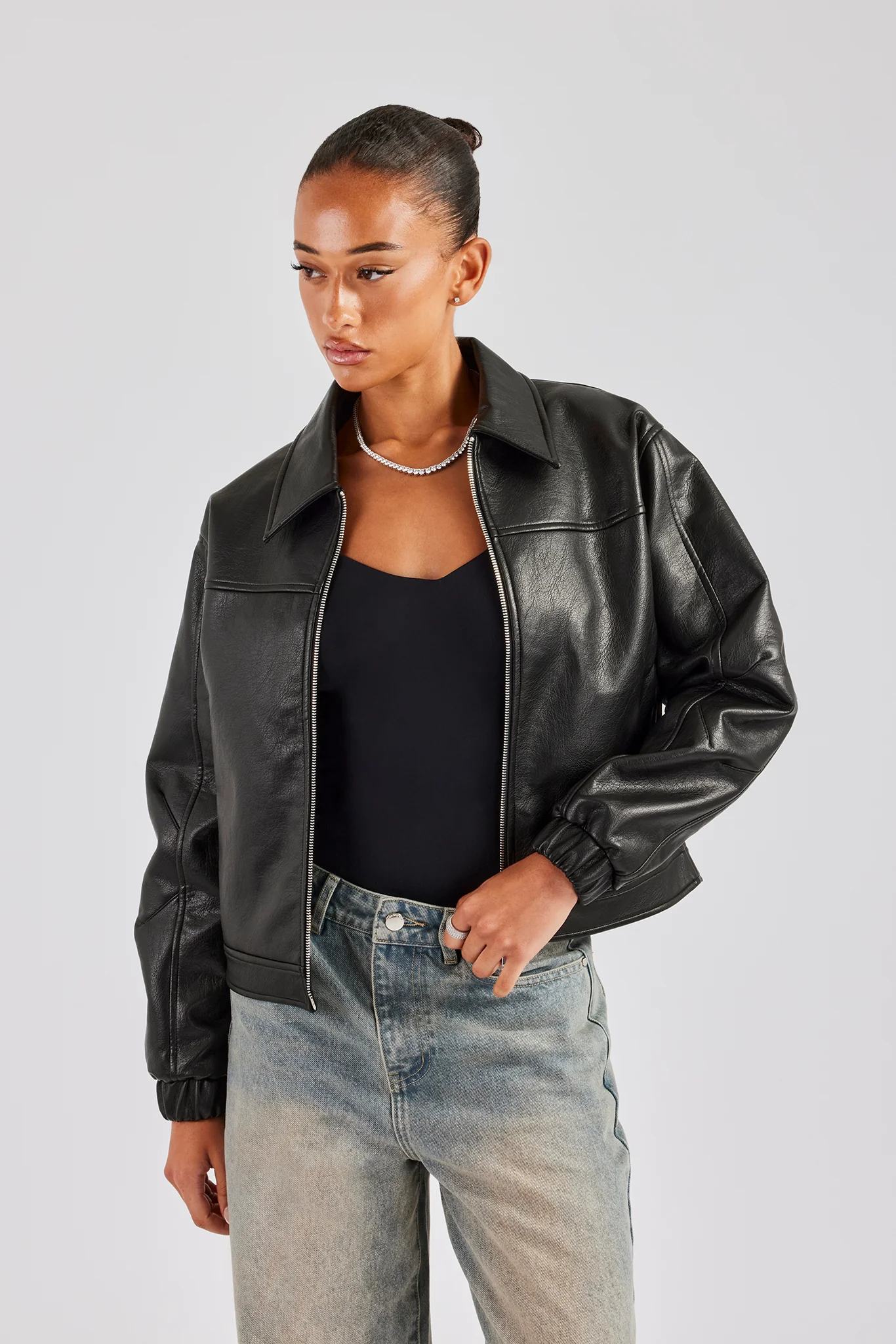 PU Embroidered Harrington Jacket - Black - Image 4