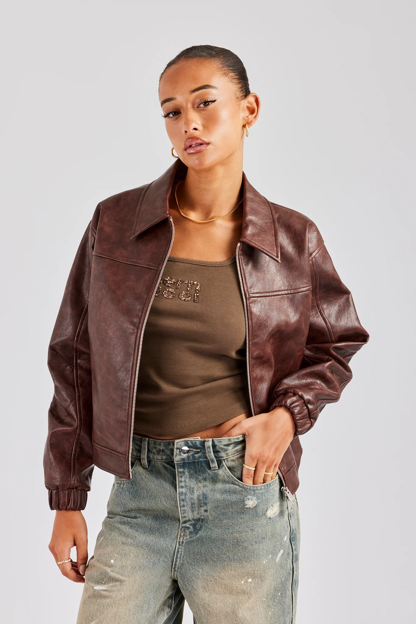 PU Embroidered Harrington Jacket - Brown - Image 2