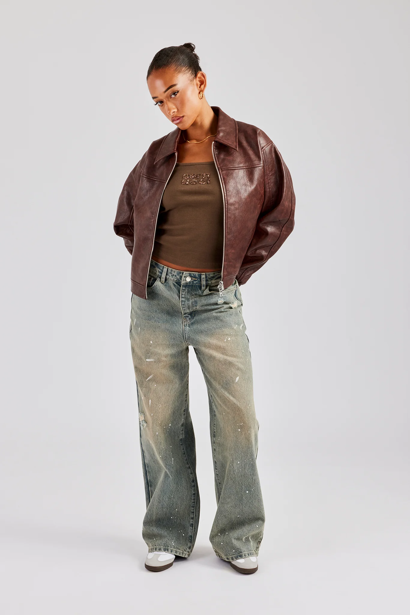PU Embroidered Harrington Jacket - Brown - Image 3
