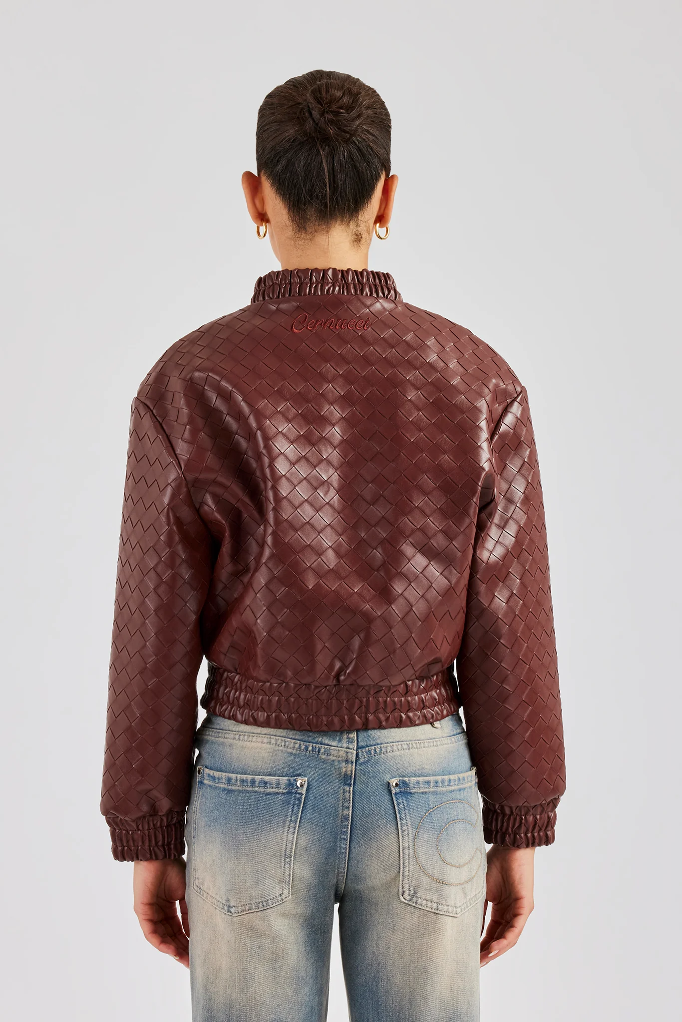 PU Lattice Bomber Jacket - Chocolate - Image 4