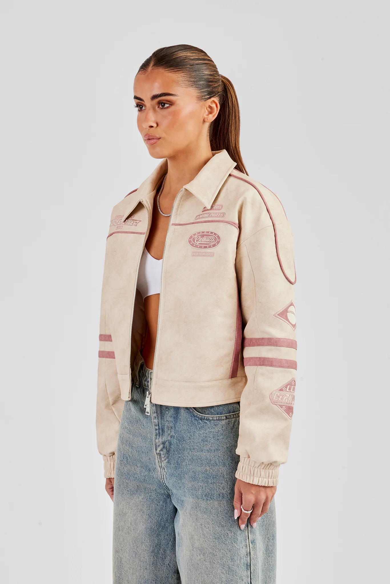 PU Moto Badge Harrington Jacket - Off White - Image 3