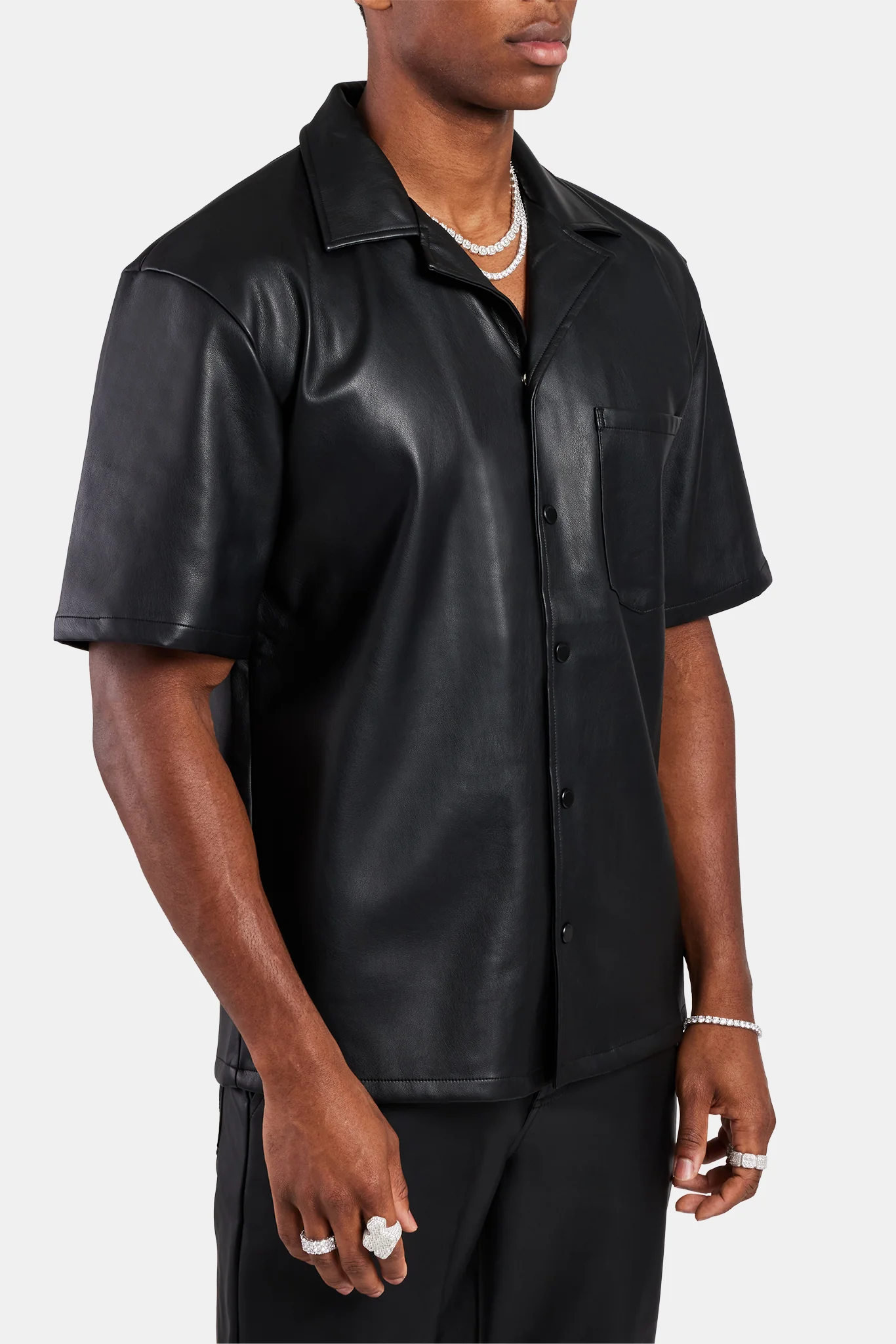 Faux Leather Shirt With Pocket - Black - Image 4