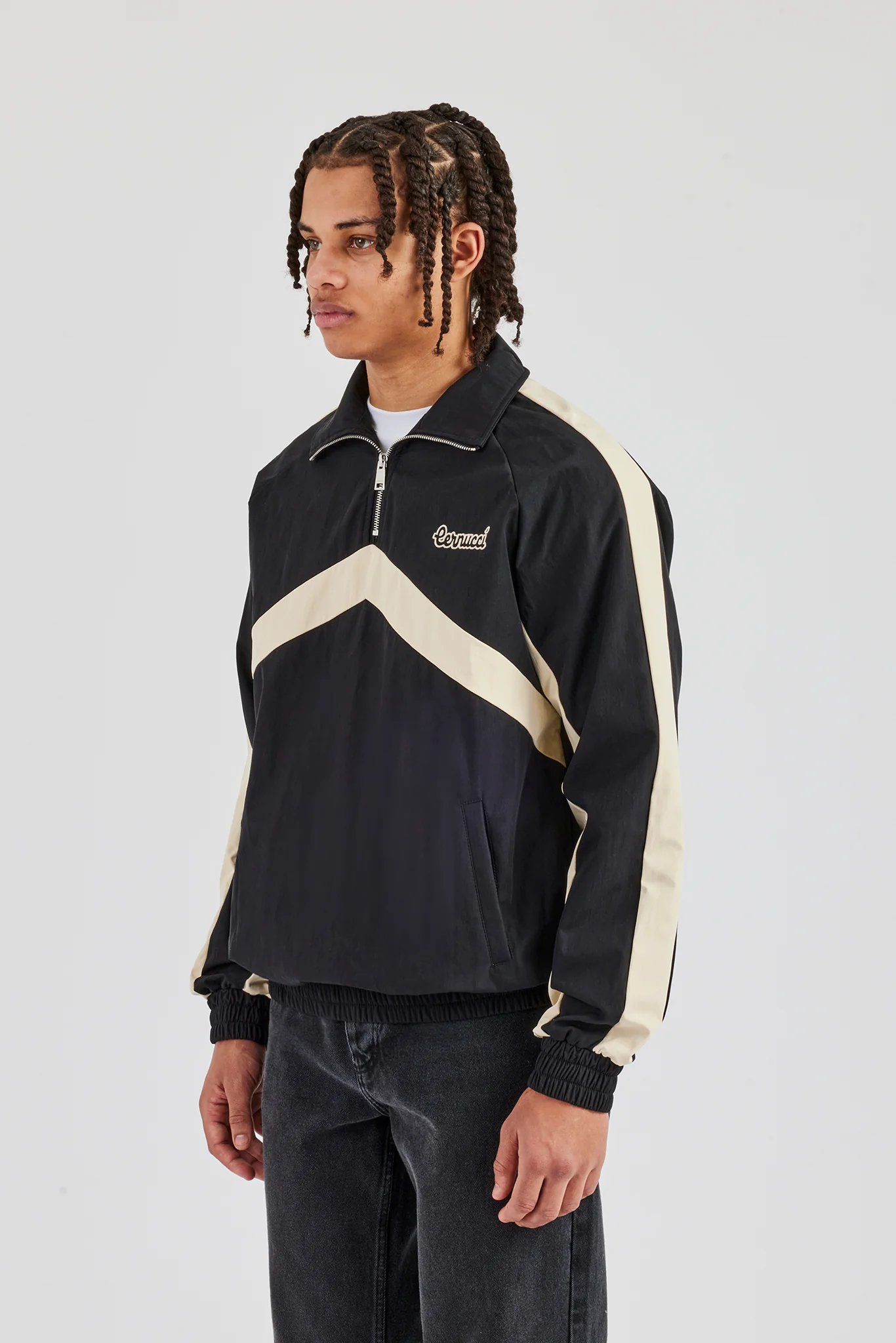 Quarter Zip Nylon Contrast Stripe Jacket - Black - Image 2