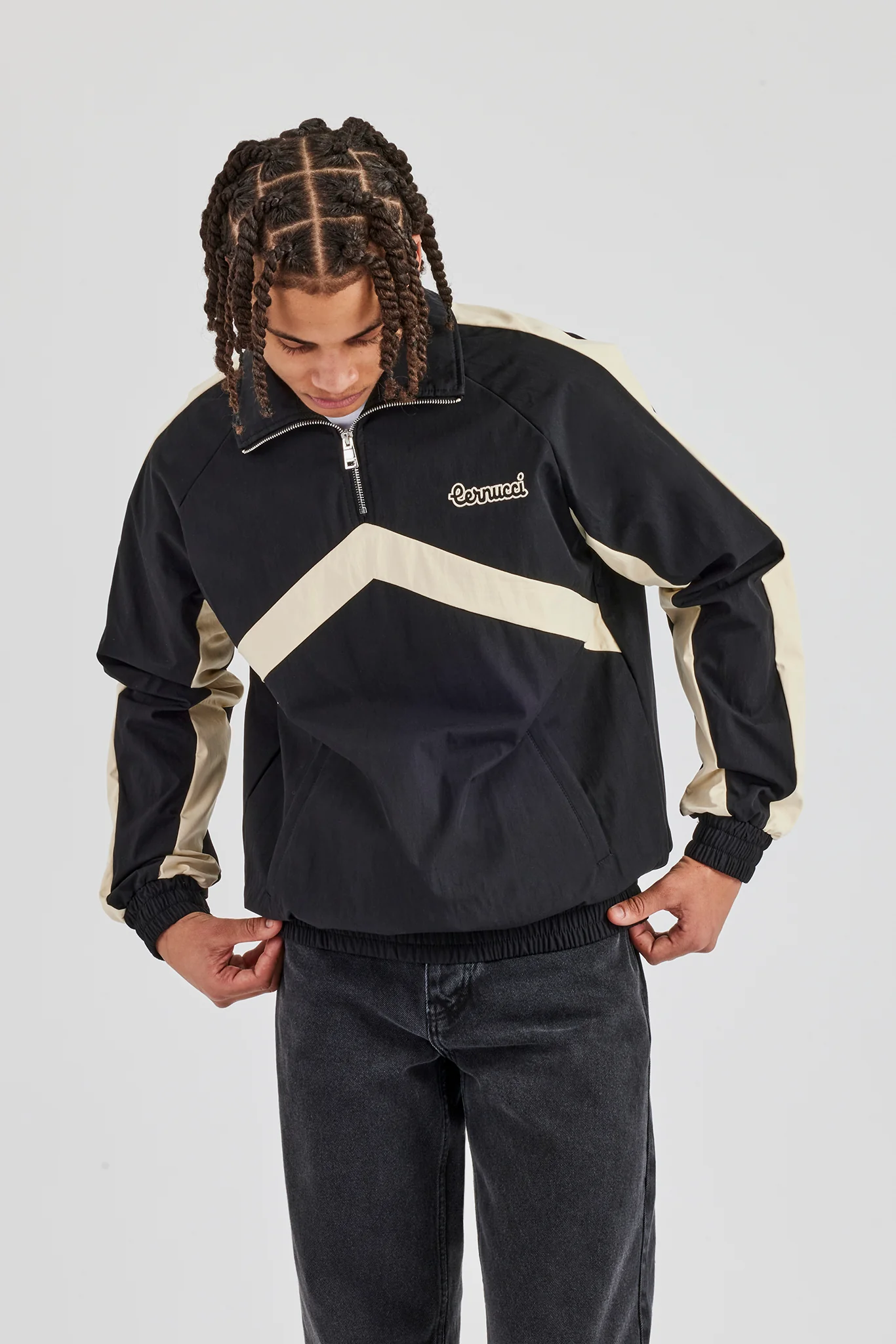 Quarter Zip Nylon Contrast Stripe Jacket - Black - Image 4
