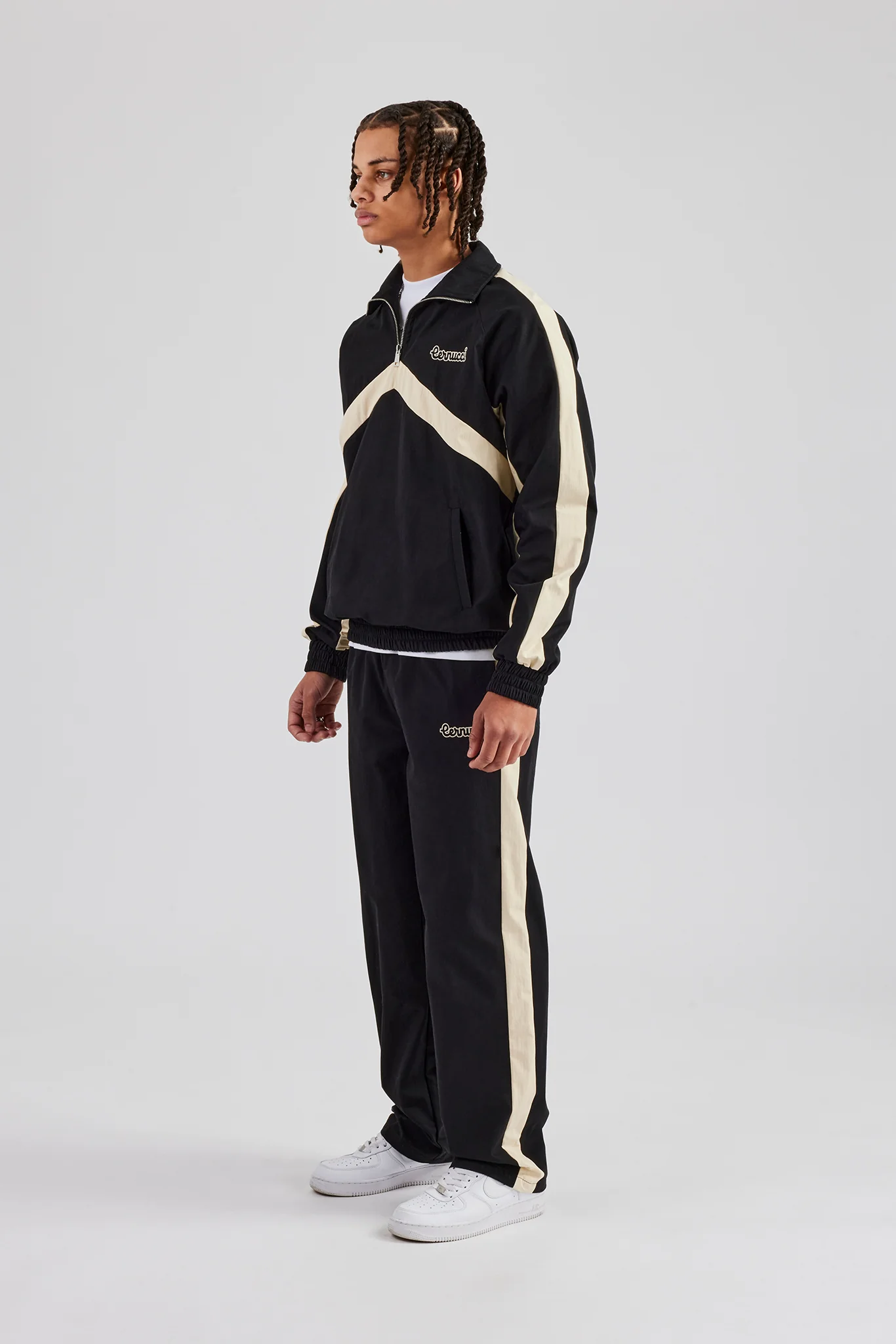 Quarter Zip Nylon Contrast Stripe Jacket & Straight Leg Jogger - Black - Image 2