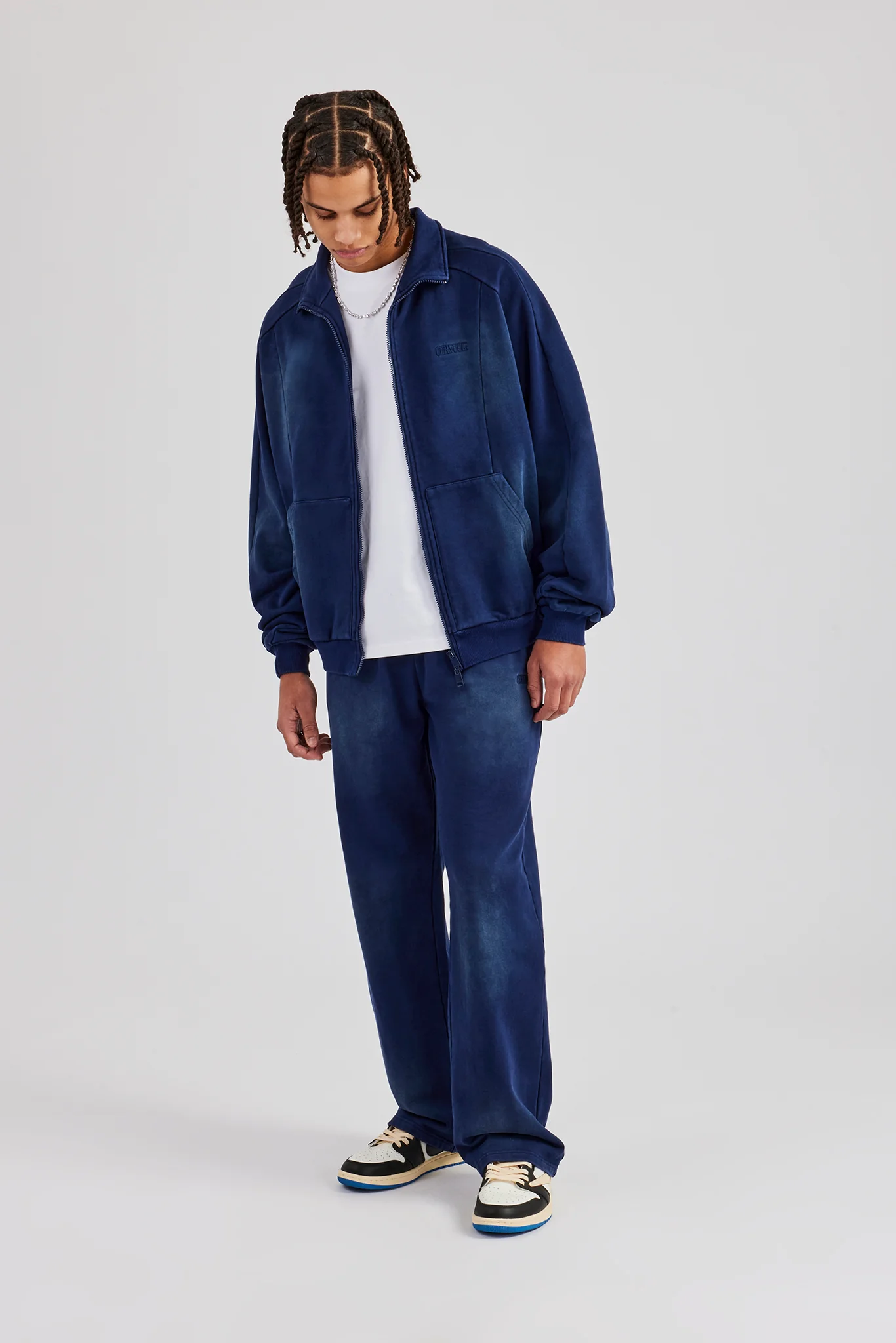 Washed Raglan Seam Detail Zip Through Hoodie & Straight Leg Jogger - Navy Blue - Image 4