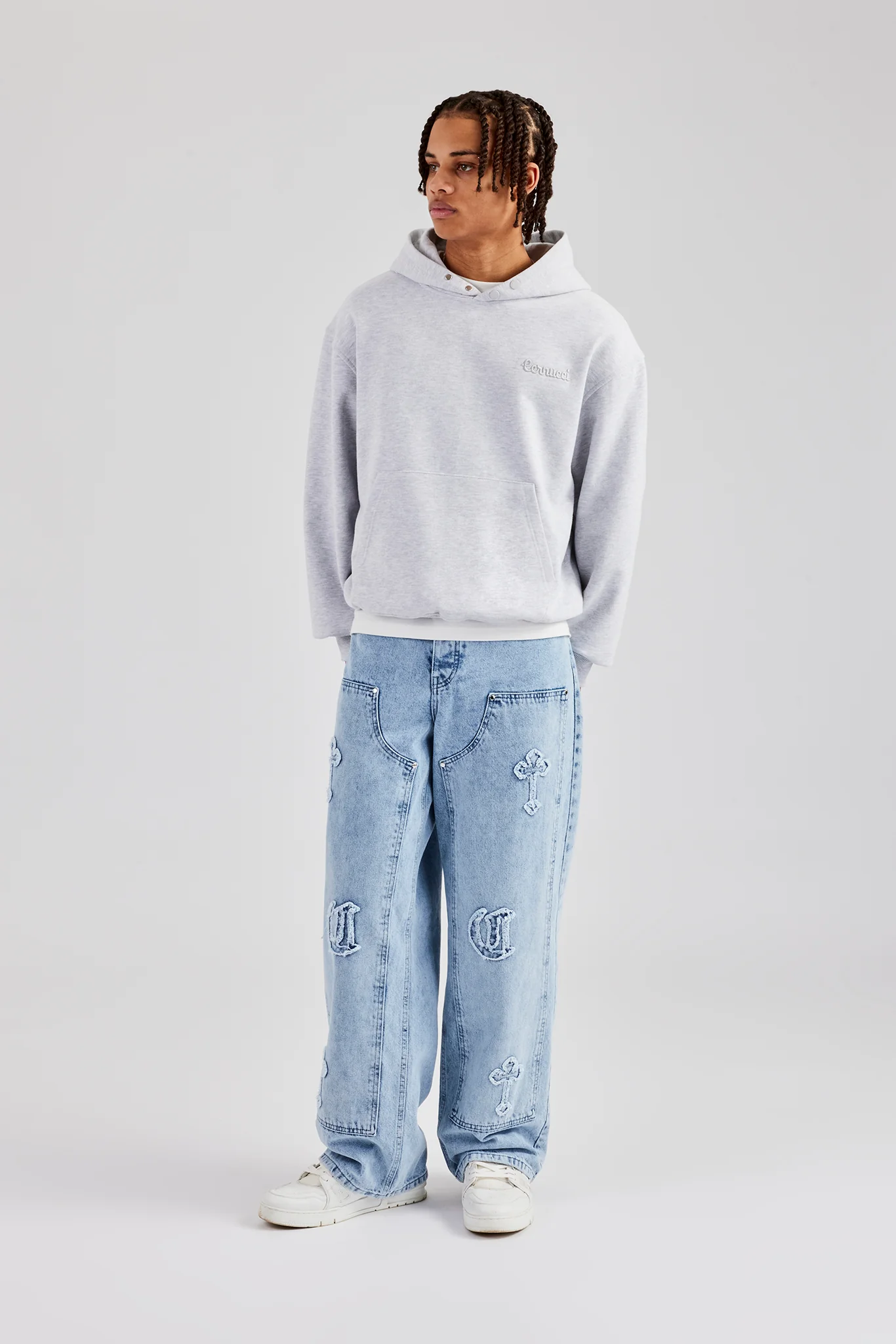 Raw Edge Applique Carpenter Denim Jeans - Light Blue - Image 2