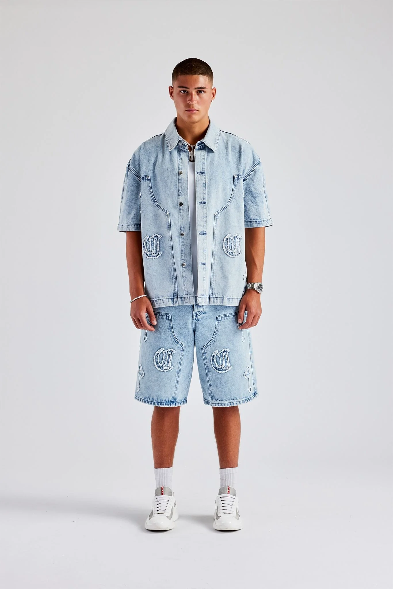 Raw Edge Applique Carpenter Denim Shirt & Bermuda Short  - Ice Blue - Image 2
