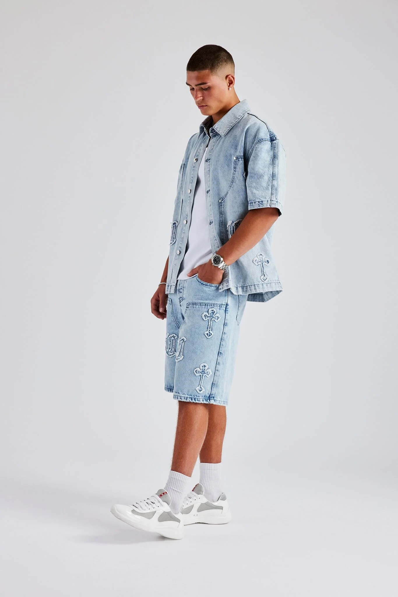 Raw Edge Applique Carpenter Denim Shirt & Bermuda Short  - Ice Blue - Image 5