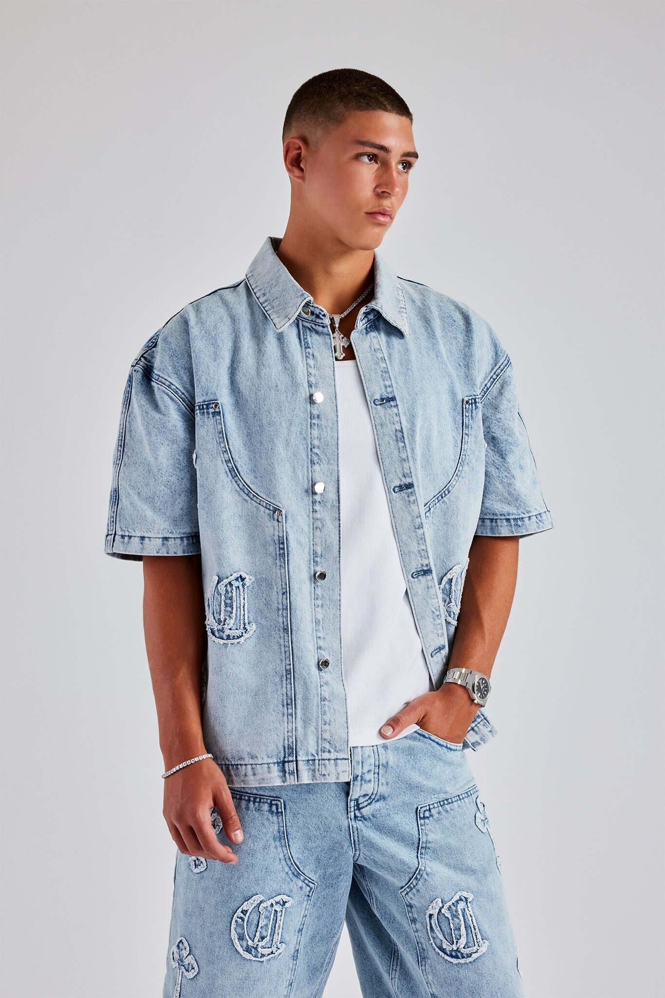 Raw Edge Applique Carpenter Denim Shirt - Ice Blue - Image 4