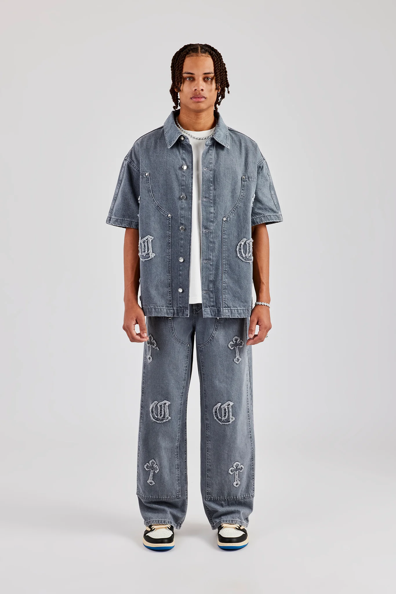 Raw Edge Applique Carpenter Denim Jeans - Washed Grey - Image 4