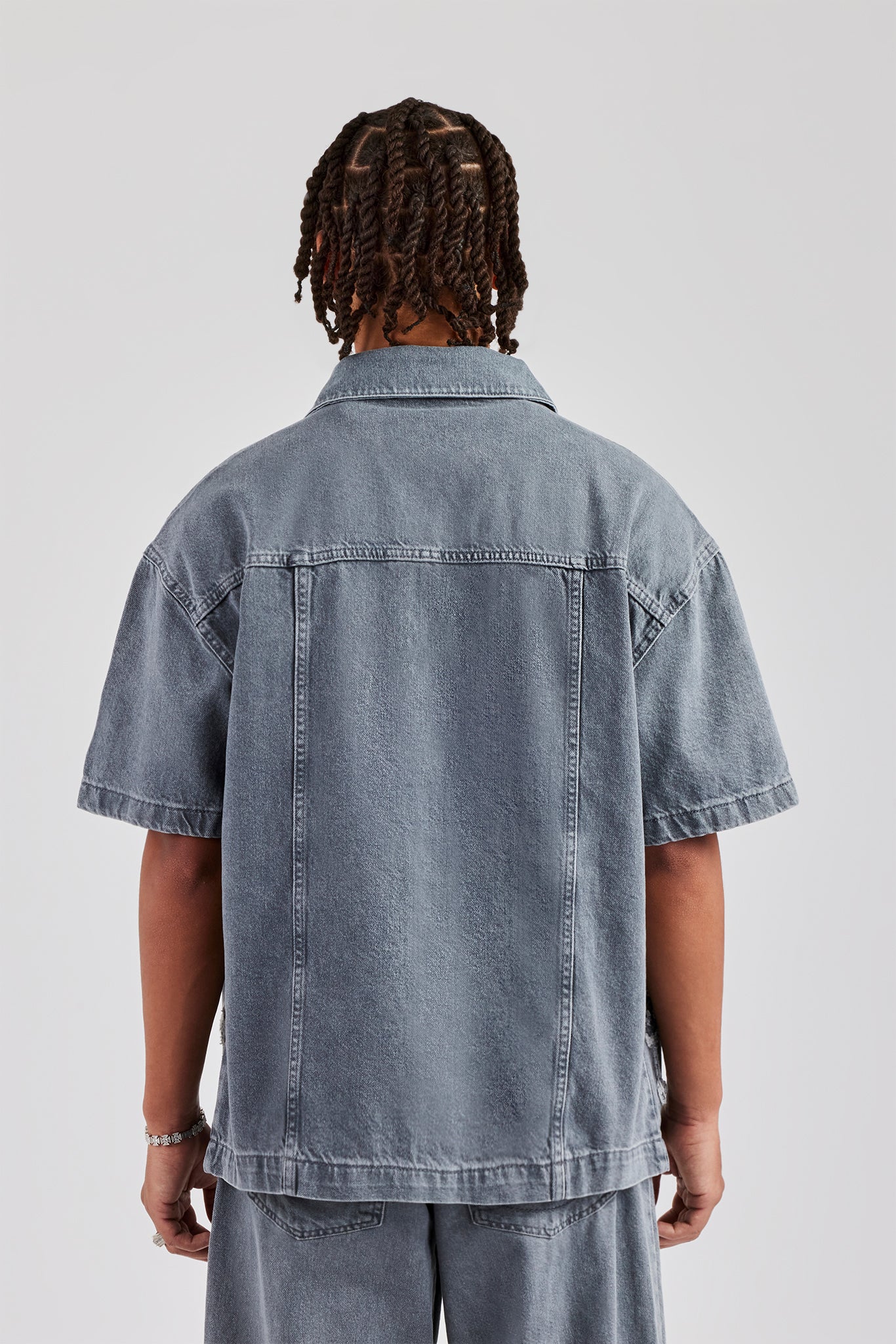 Raw Edge Applique Carpenter Denim Shirt - Washed Grey - Image 4