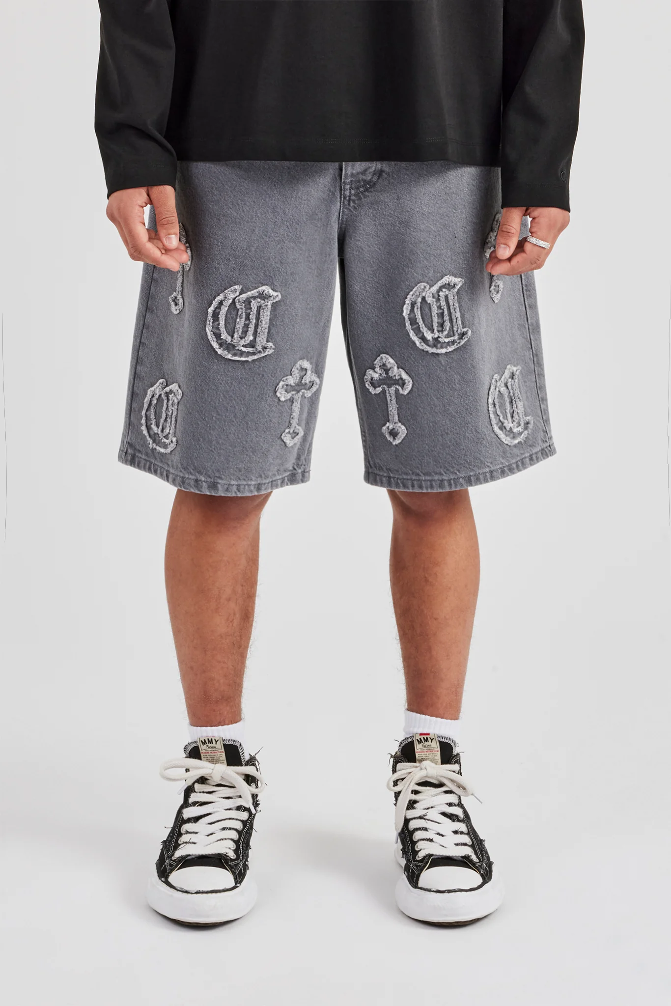 Raw Edge Applique Cross Jort - Washed Grey - Image 3