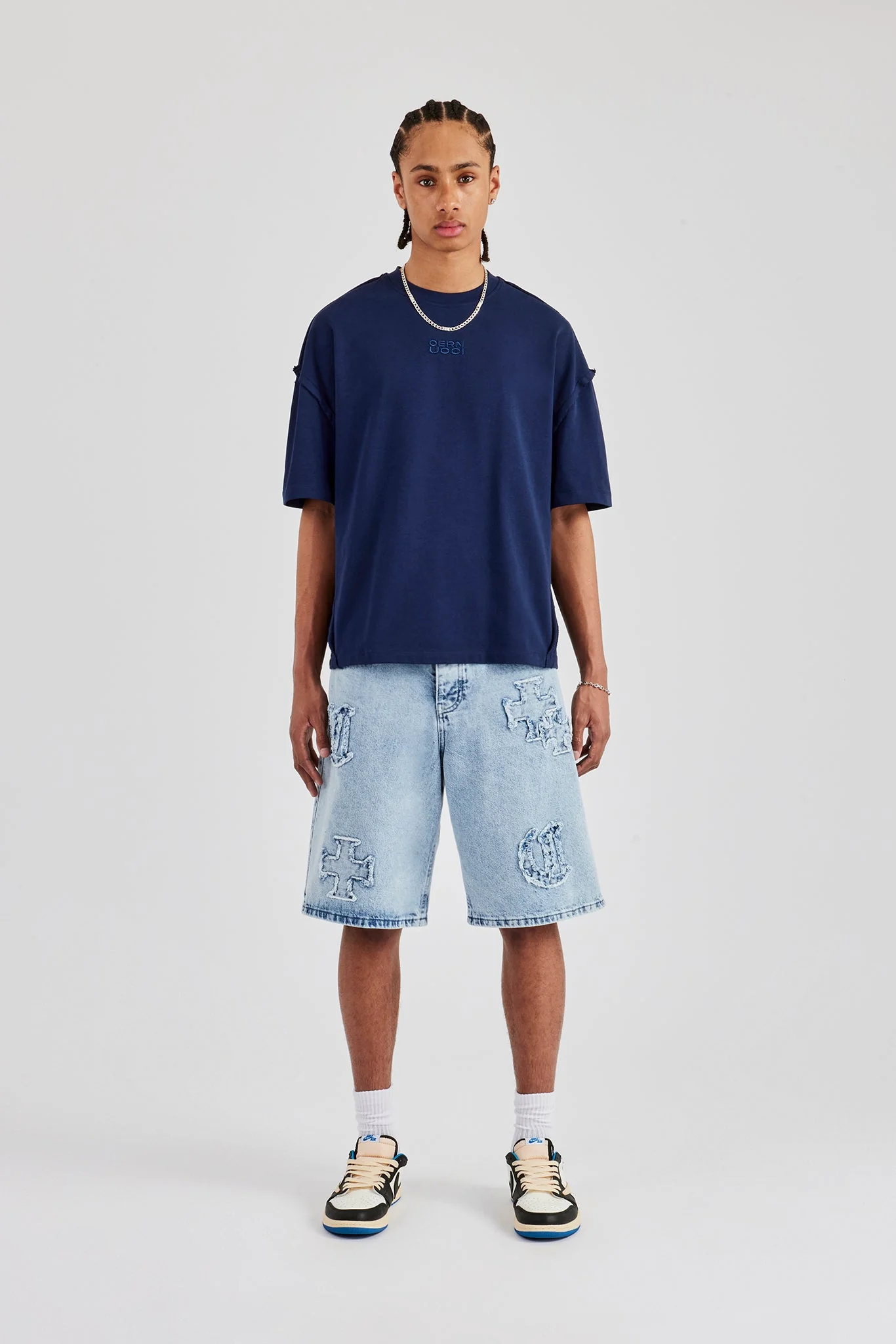 Raw Edge Applique Denim Bermuda Short - Light Blue - Image 4