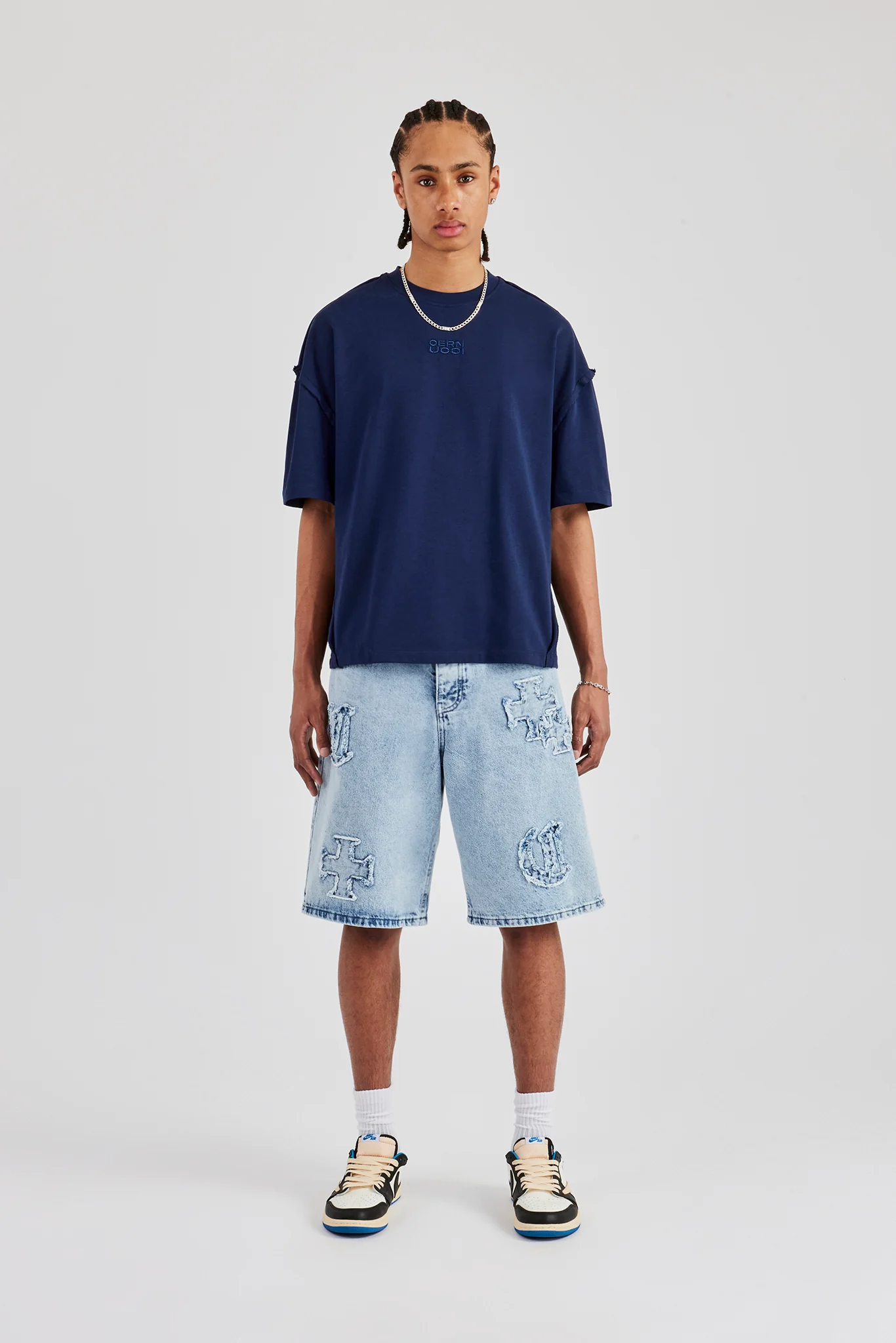 Raw Edge Applique Denim Bermuda Short - Light Blue - Image 9