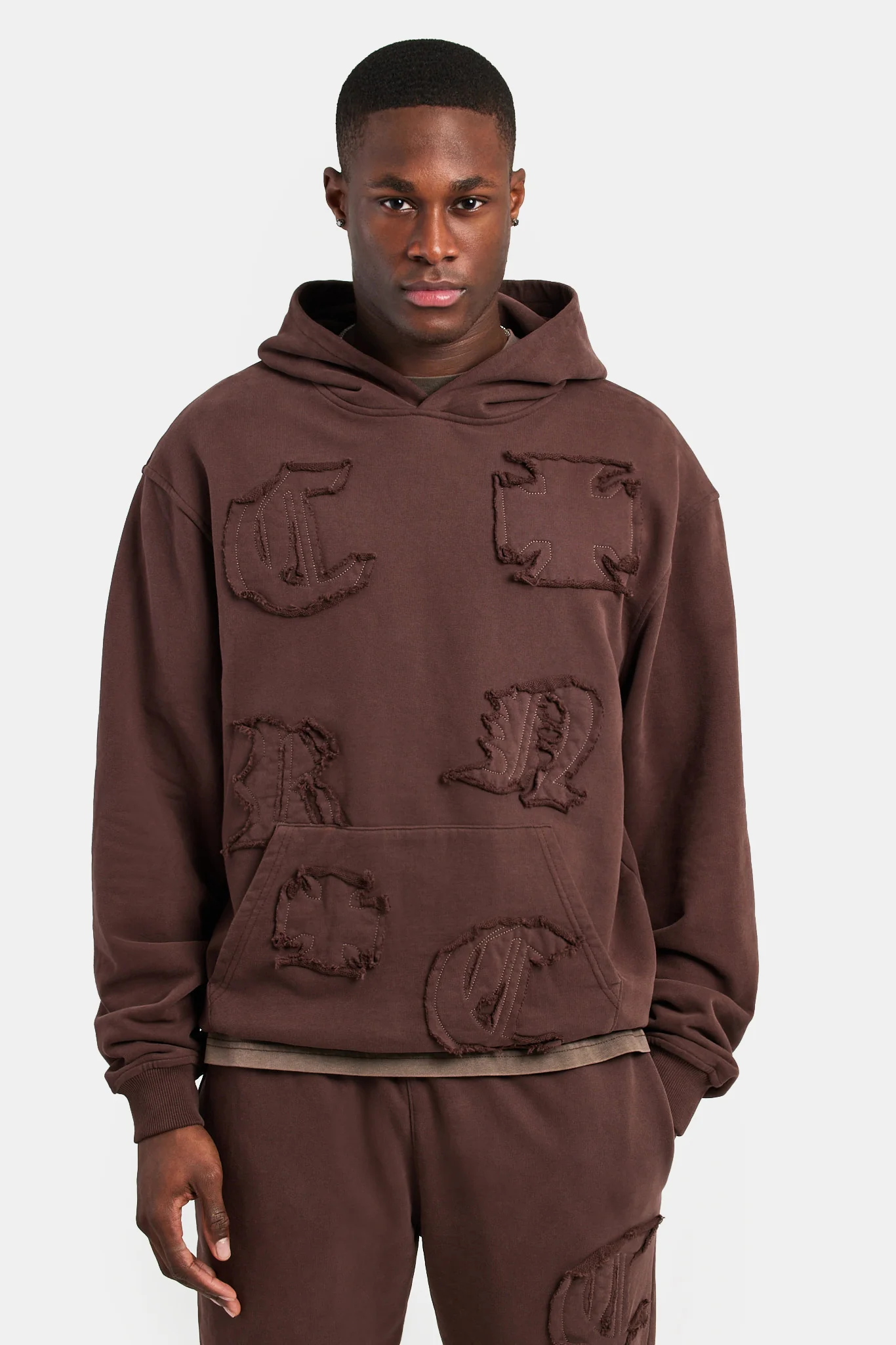 Raw Edge Applique Hoodie  - Brown - Image 2