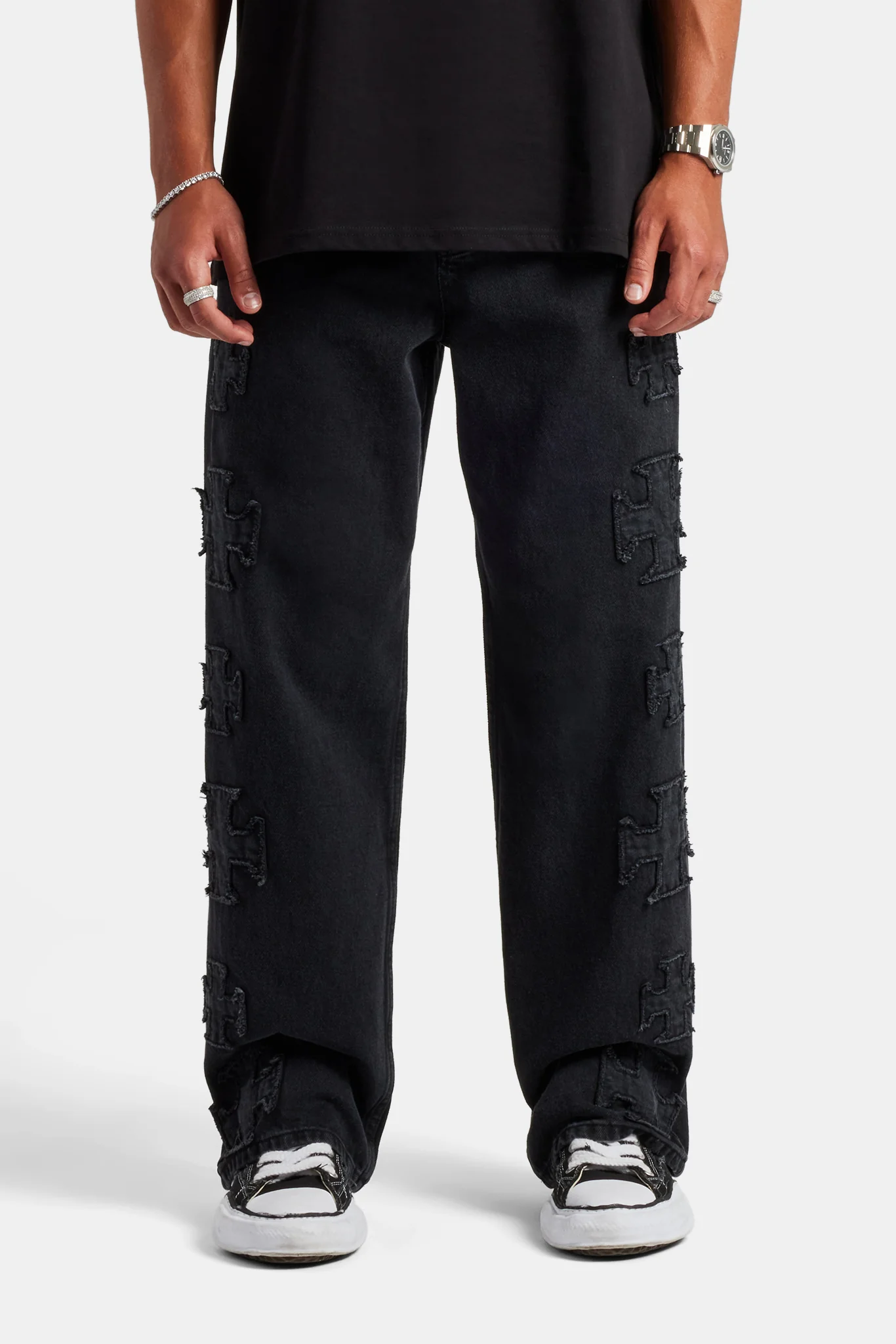 Raw Edge Applique Motif Jean - Washed Black - Image 2