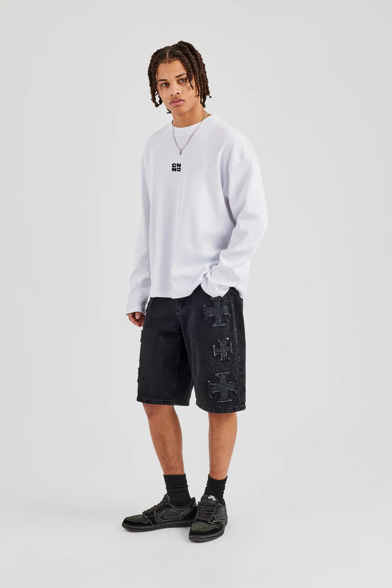 Raw Edge Applique Motif Jort - Washed Black - Image 5