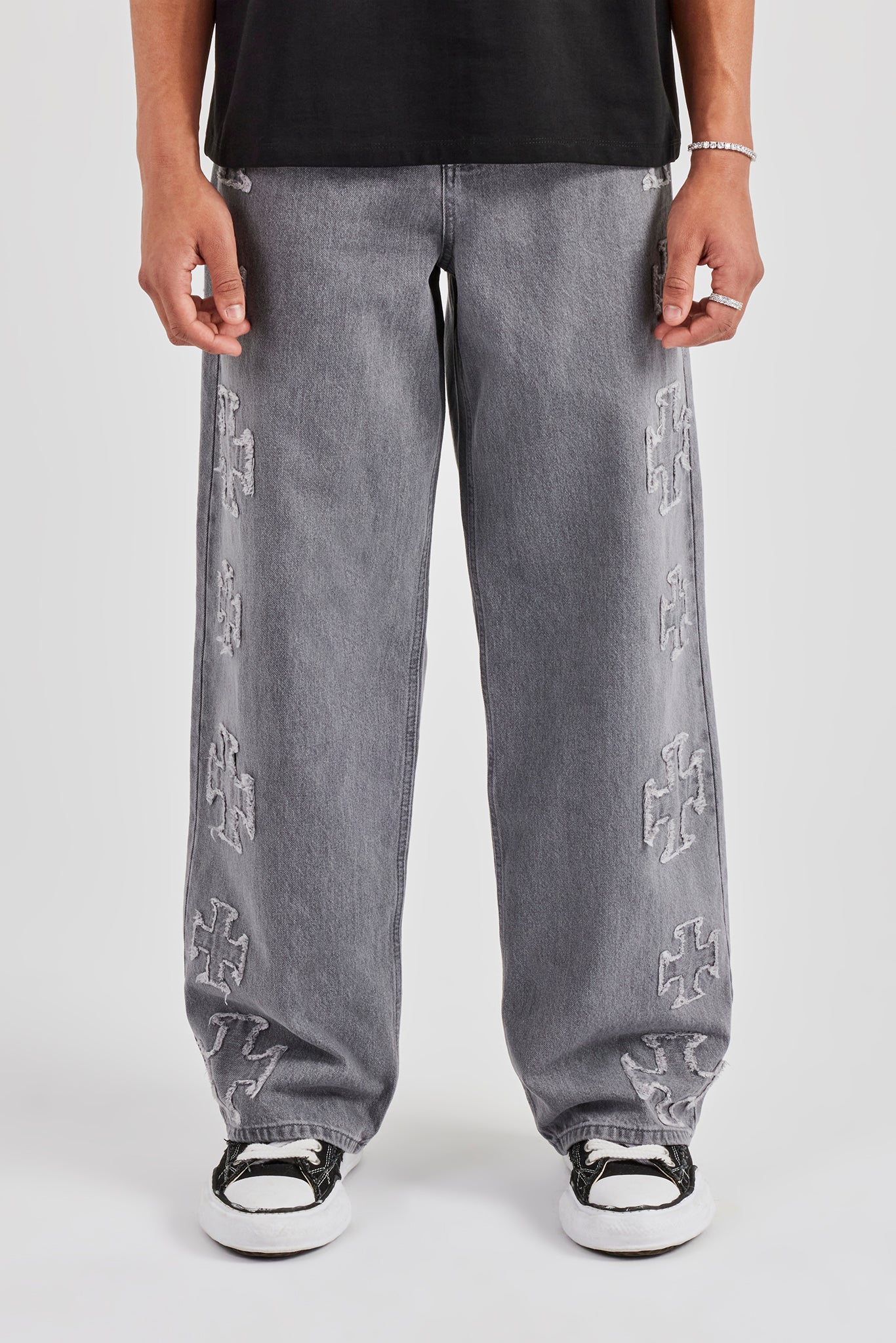 Raw Edge Baggy Applique Motif Jean - Washed Grey - Image 2