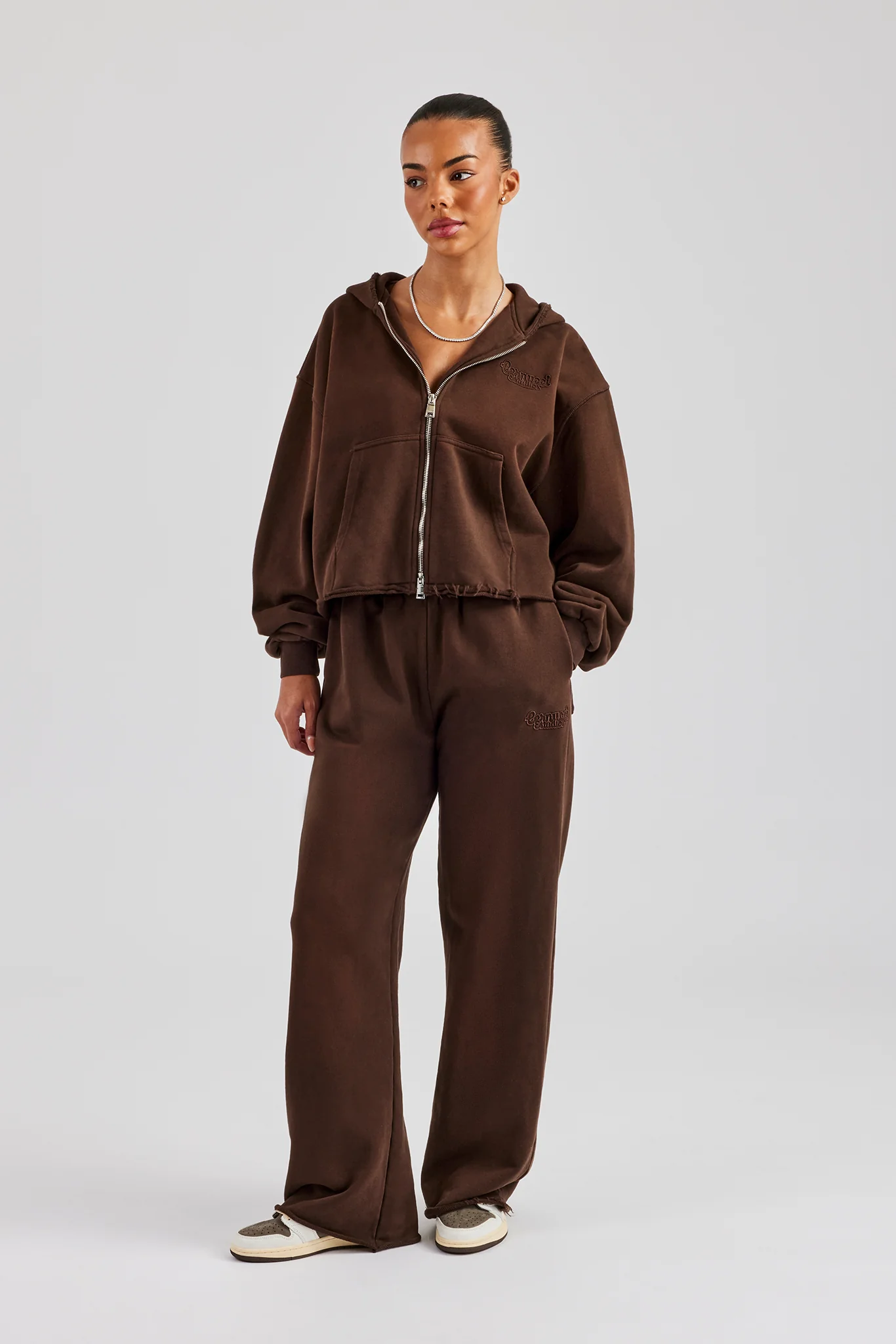Raw Edge Boxy Fit Zip Through Hoodie - Chocolate - Image 4