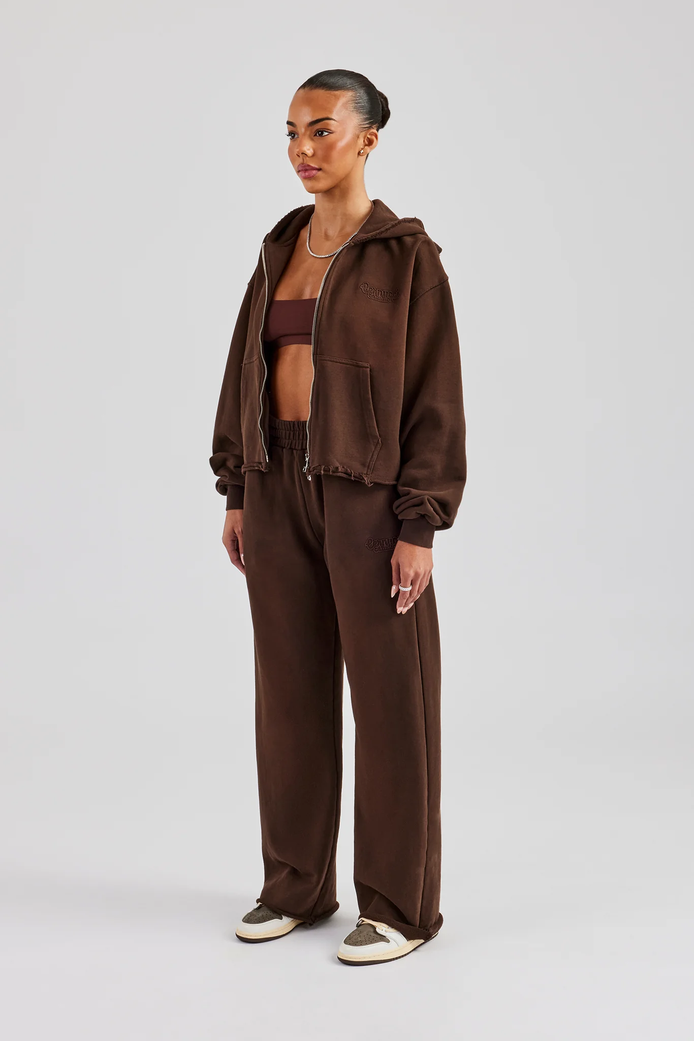 Raw Edge Boxy Fit Zip Through Tracksuit - Chocolate - Image 3